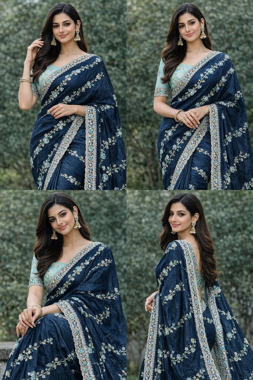 Midnight Aqua Bloom Embroidered Saree
