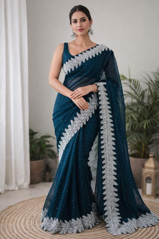 Teal Frost Pearl soft Organza Saree