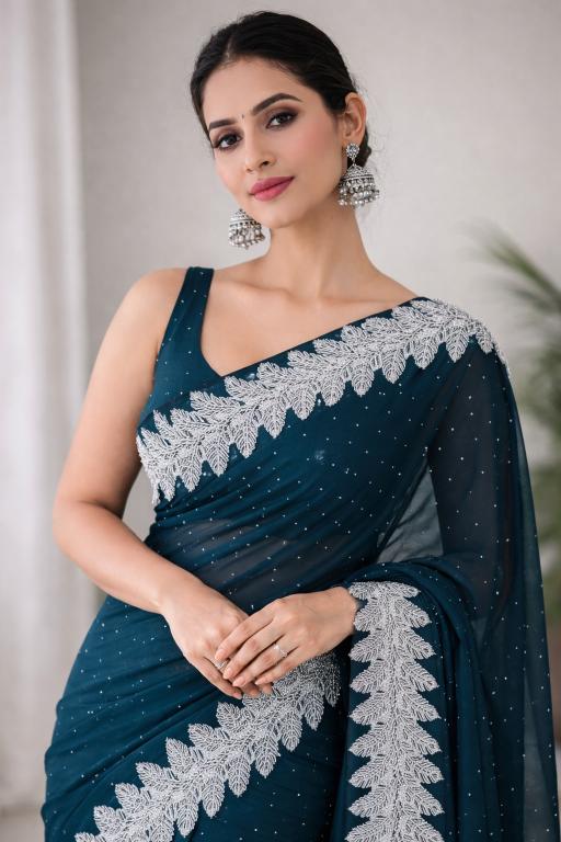 Teal Frost Pearl soft Organza Saree