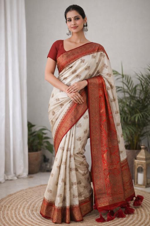 Ivory Red Kanchan Silk Saree