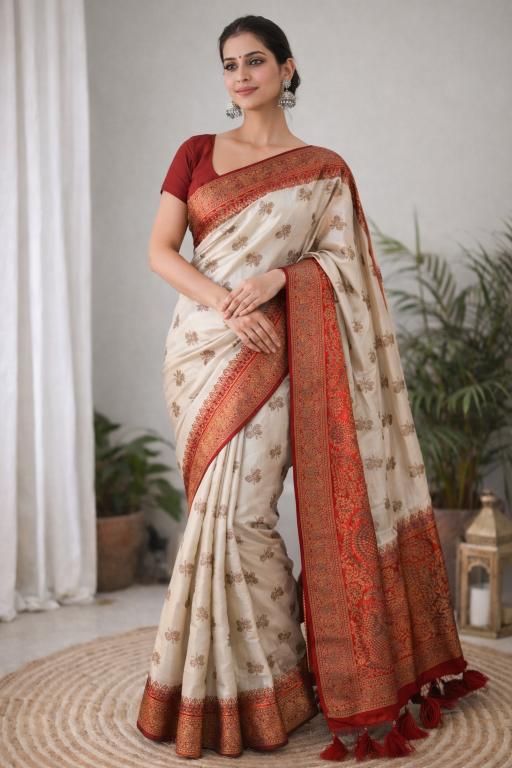 Ivory Red Kanchan Silk Saree
