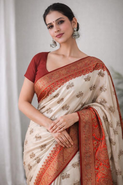 Ivory Red Kanchan Silk Saree