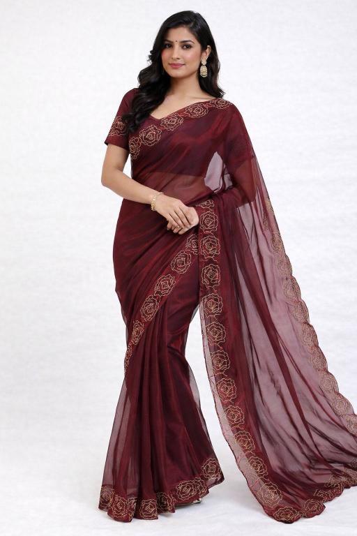 Burgundy Rose Hand-Embroidered Organza Saree