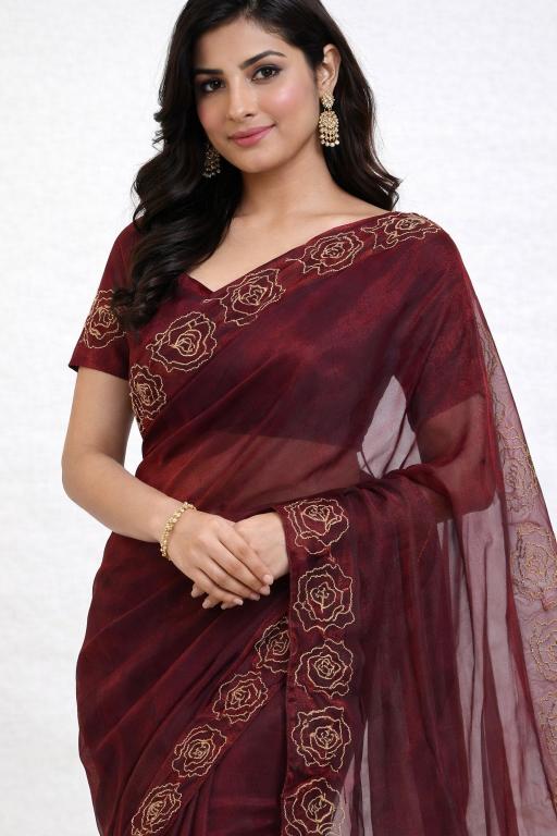 Burgundy Rose Hand-Embroidered Organza Saree