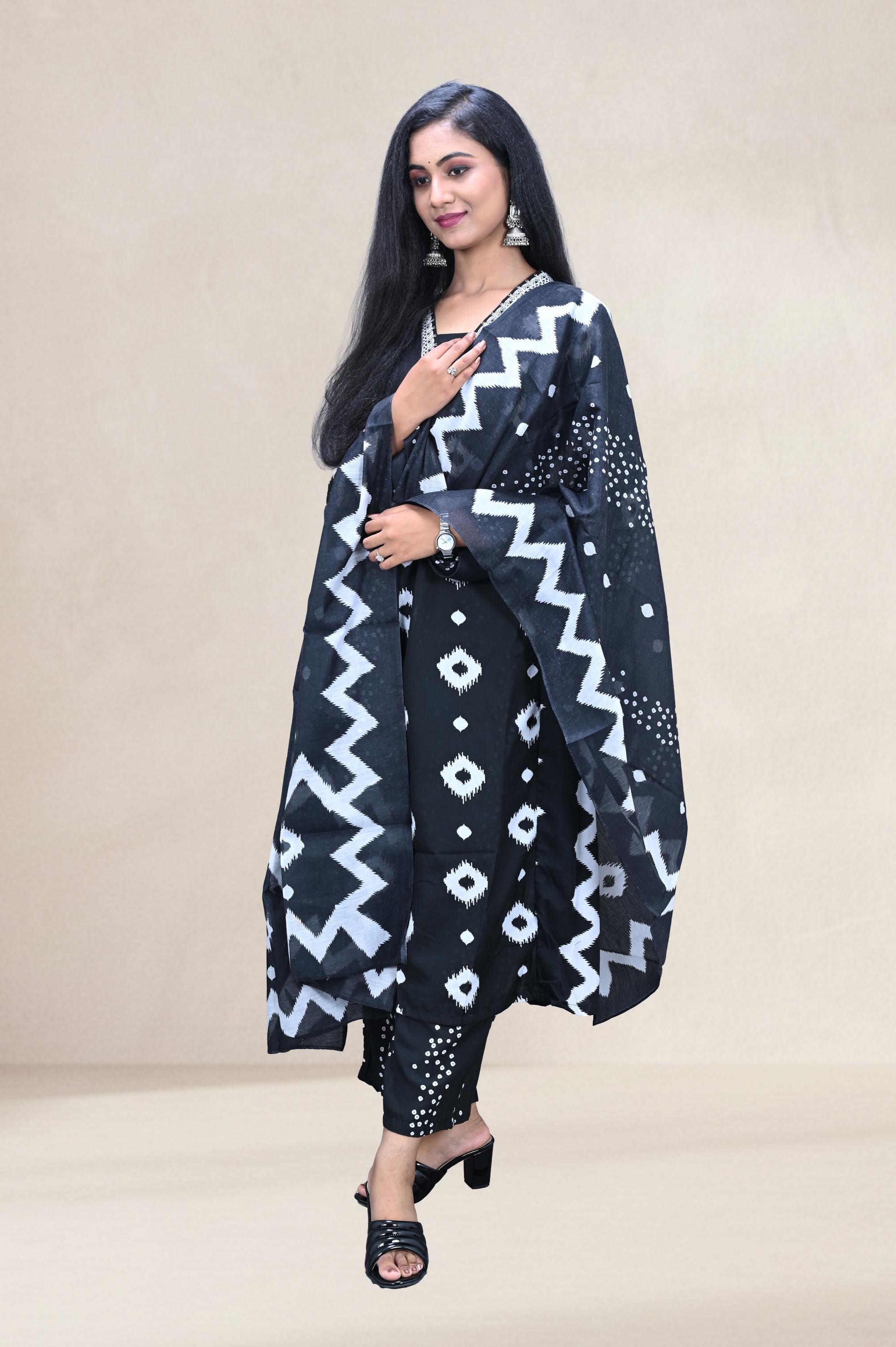 Navy Blue Floral Printed Suit Set