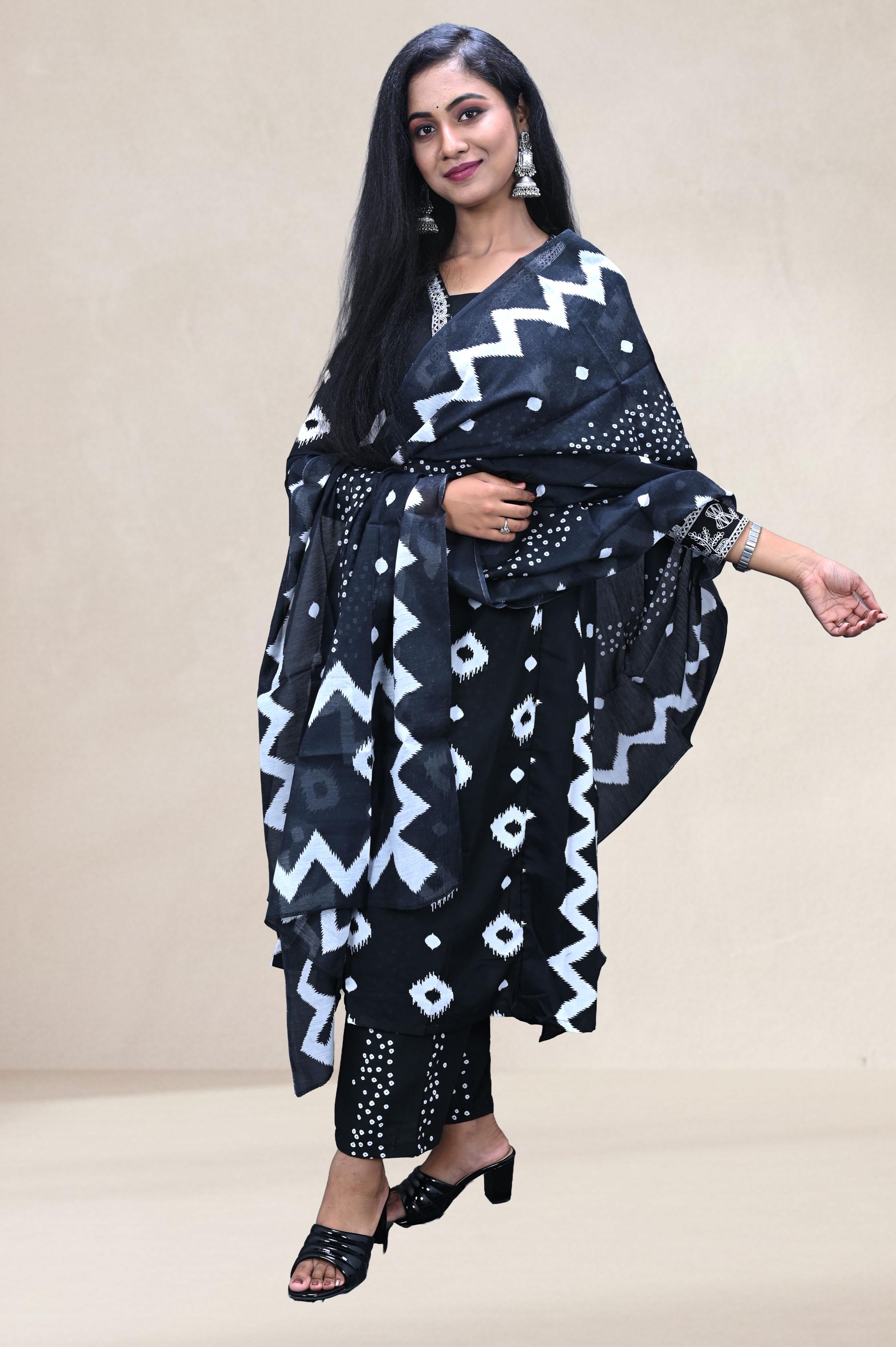 Navy Blue Floral Printed Suit Set