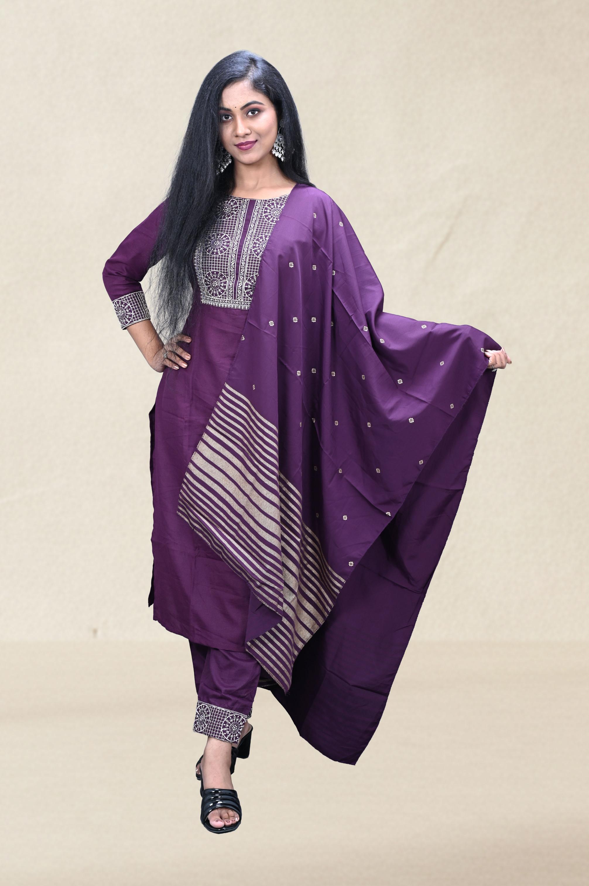 Purple Embroidered Suit Set with Woven Dupatta