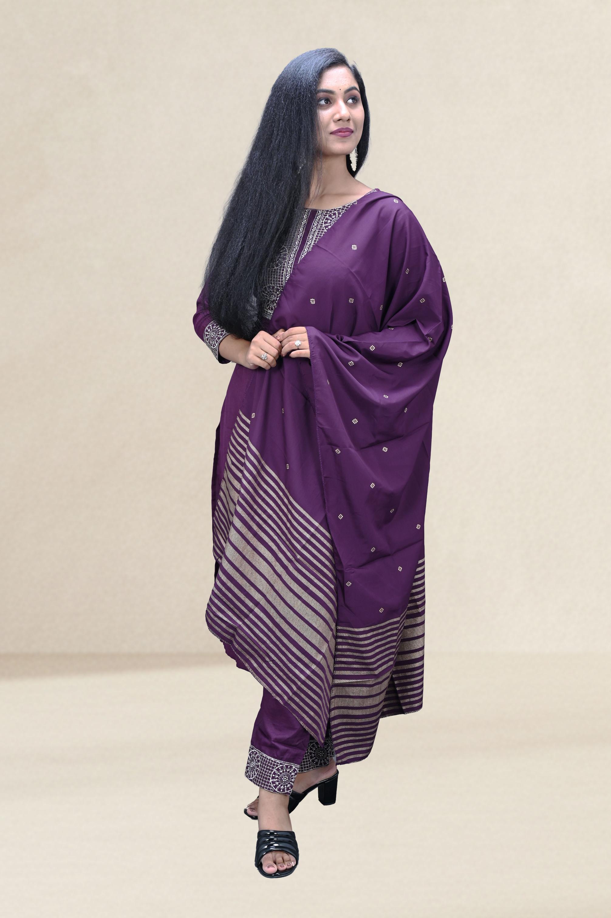Purple Embroidered Suit Set with Woven Dupatta