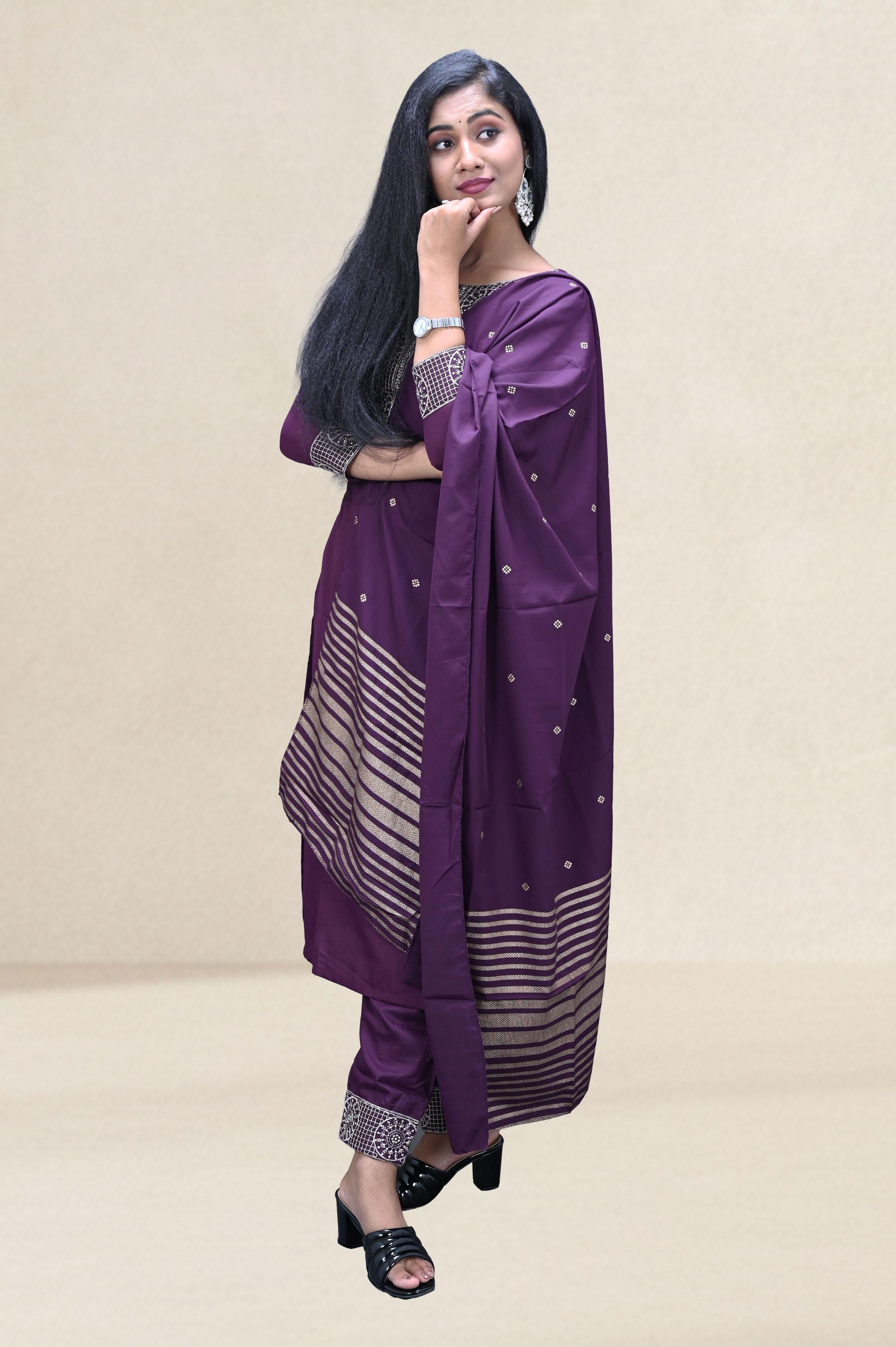 Purple Embroidered Suit Set with Woven Dupatta