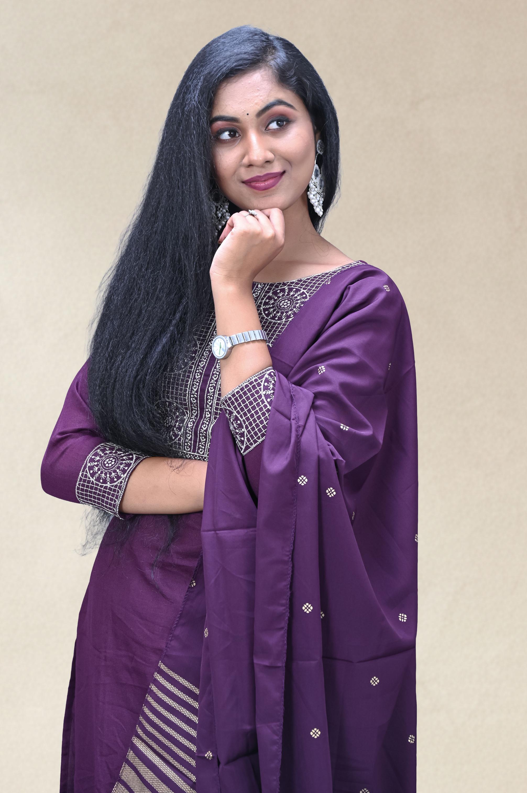Purple Embroidered Suit Set with Woven Dupatta