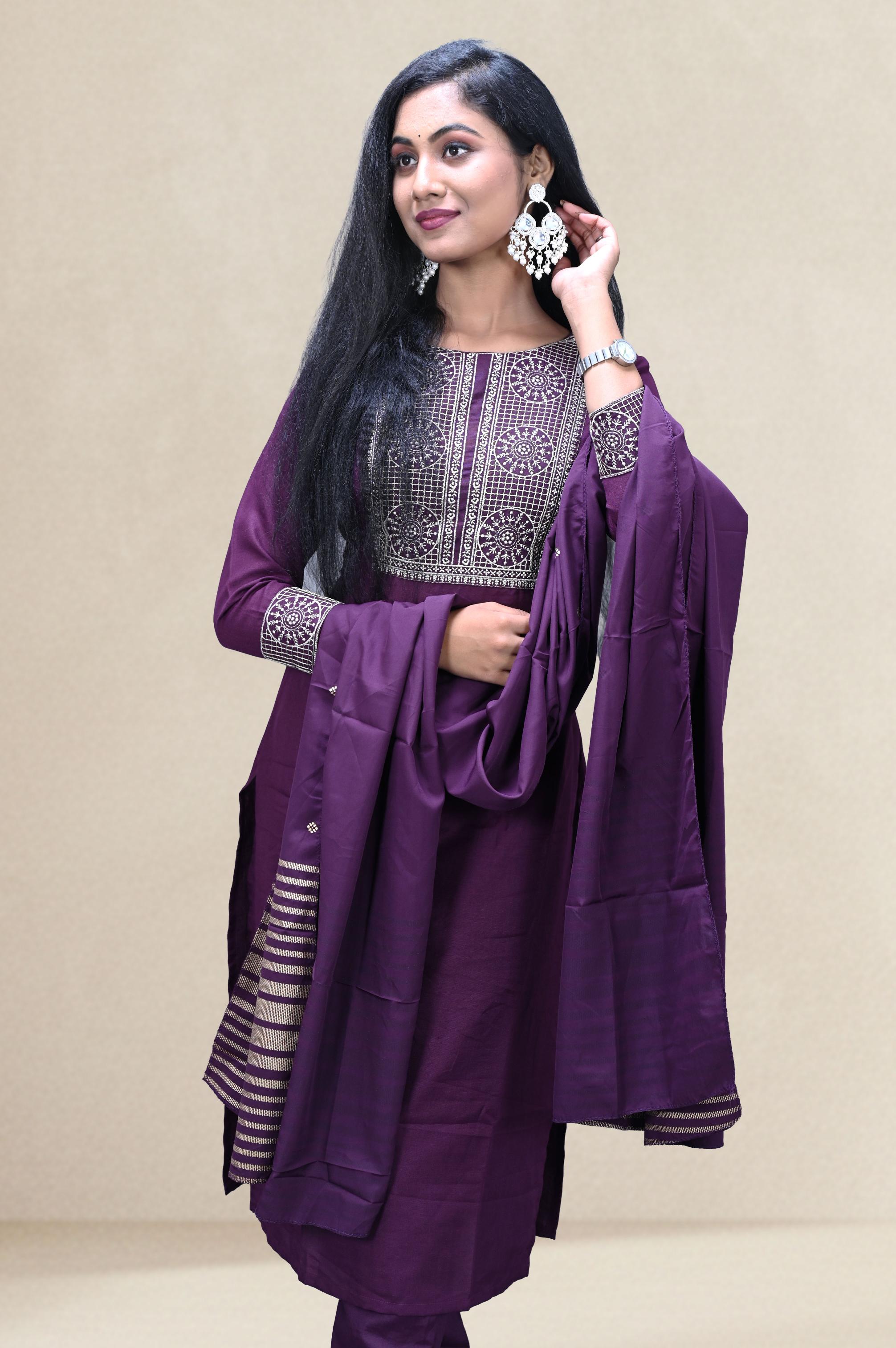 Purple Embroidered Suit Set with Woven Dupatta