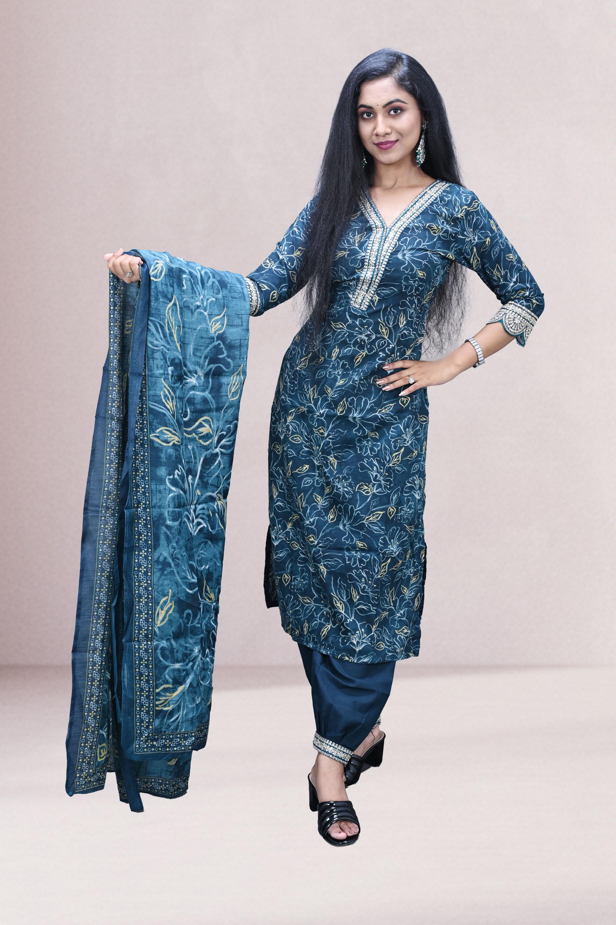 Teal Blue Embroidered Printed Suit Set