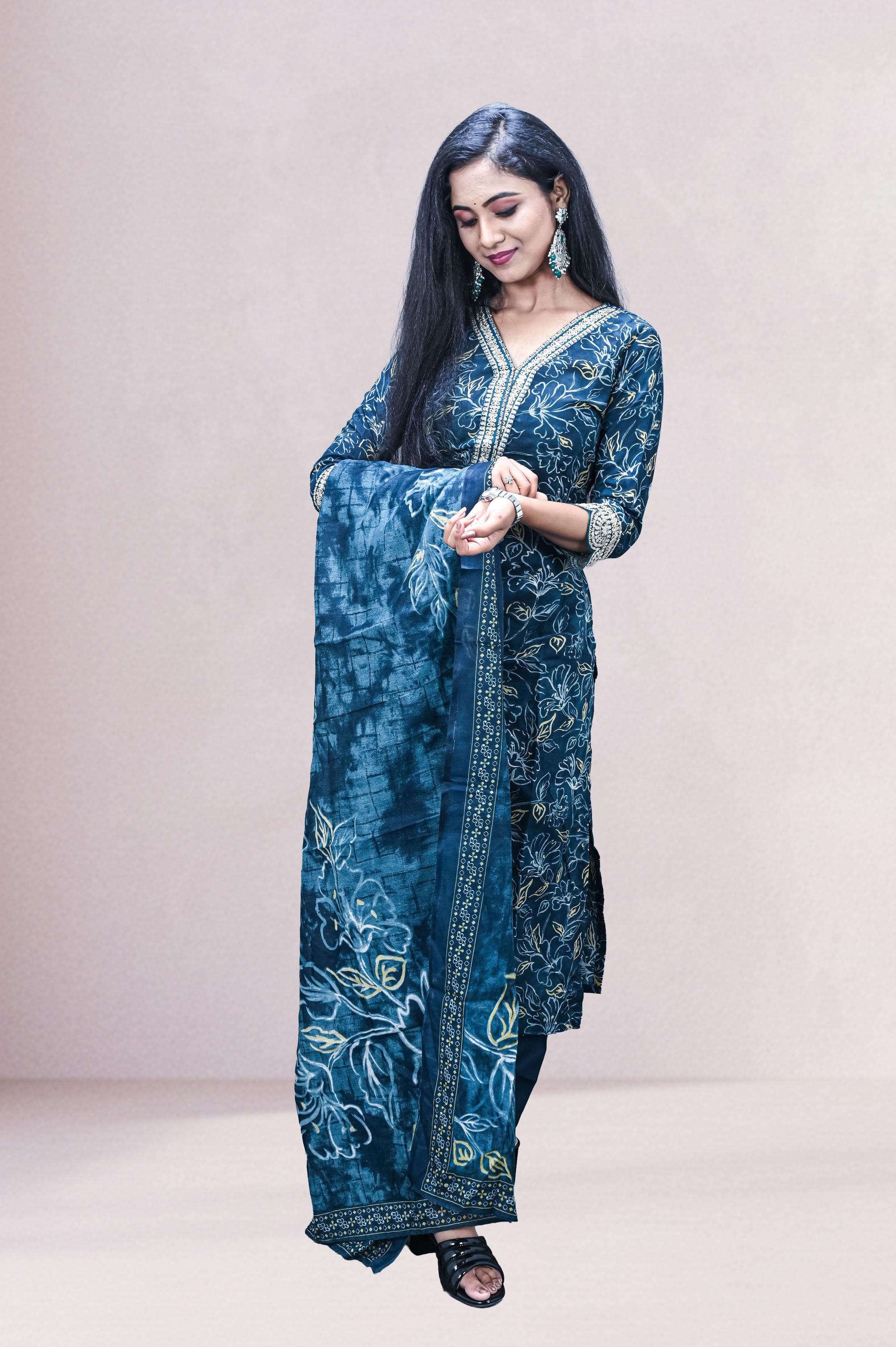 Teal Blue Embroidered Printed Suit Set
