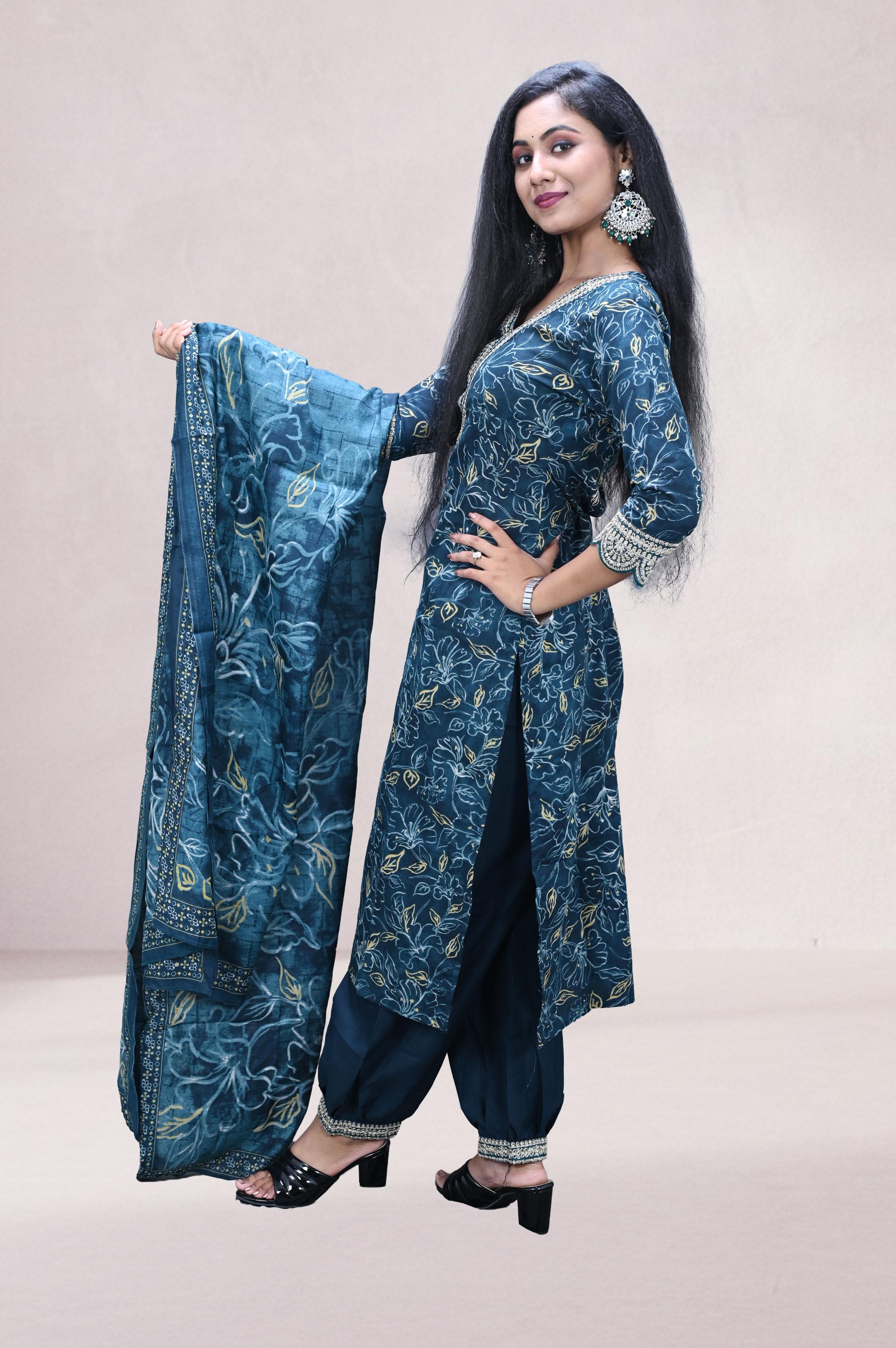 Teal Blue Embroidered Printed Suit Set