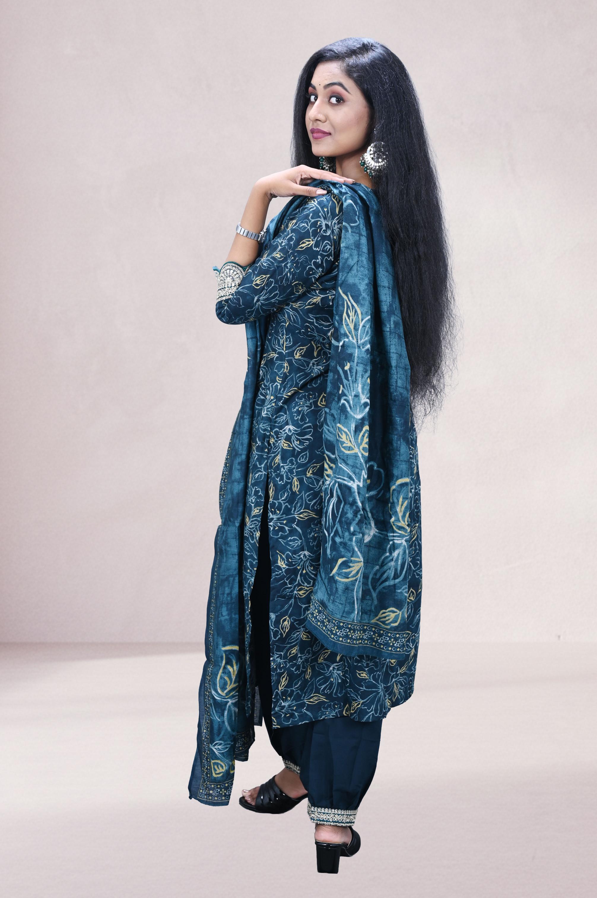Teal Blue Embroidered Printed Suit Set