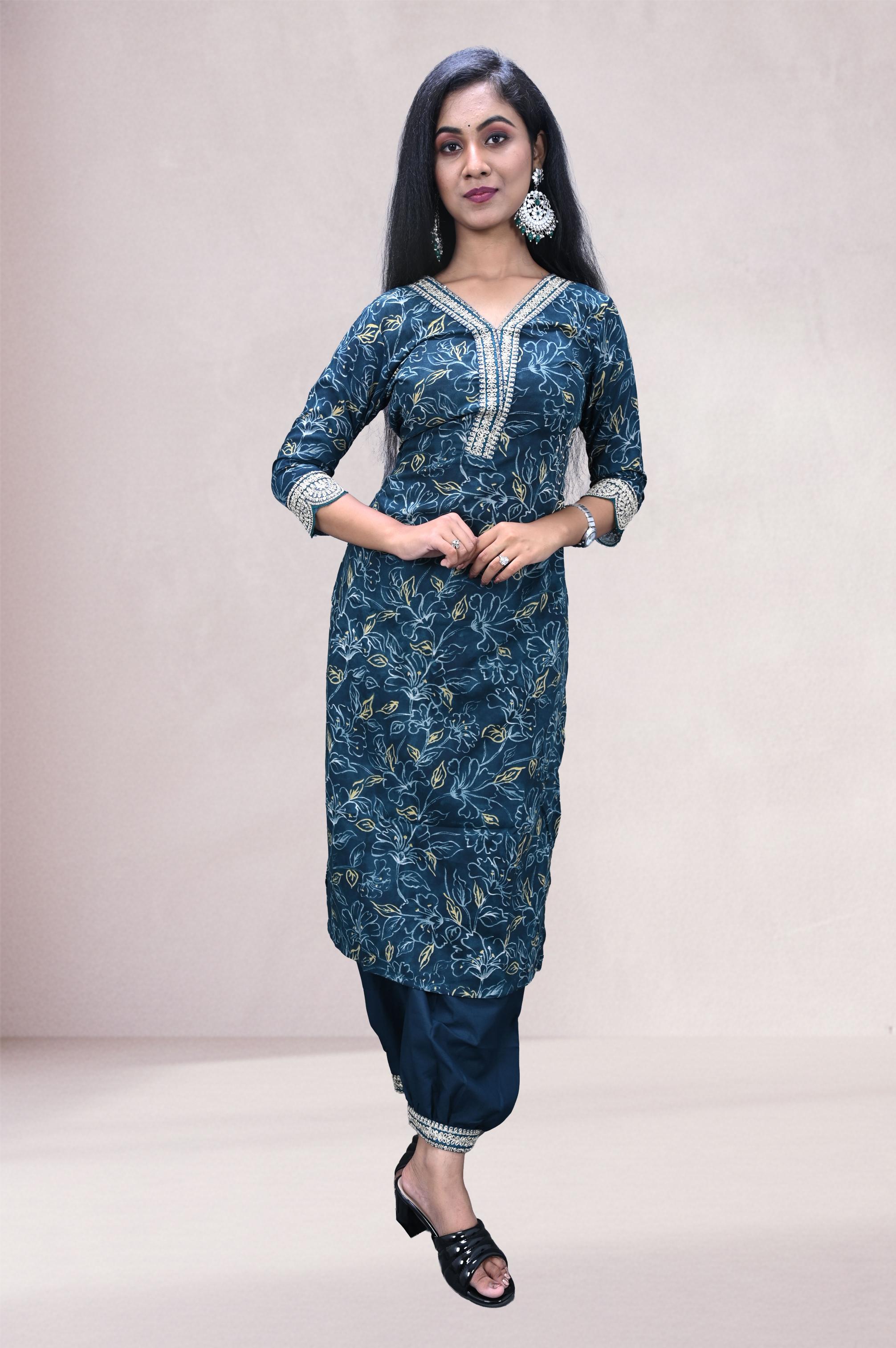 Teal Blue Embroidered Printed Suit Set