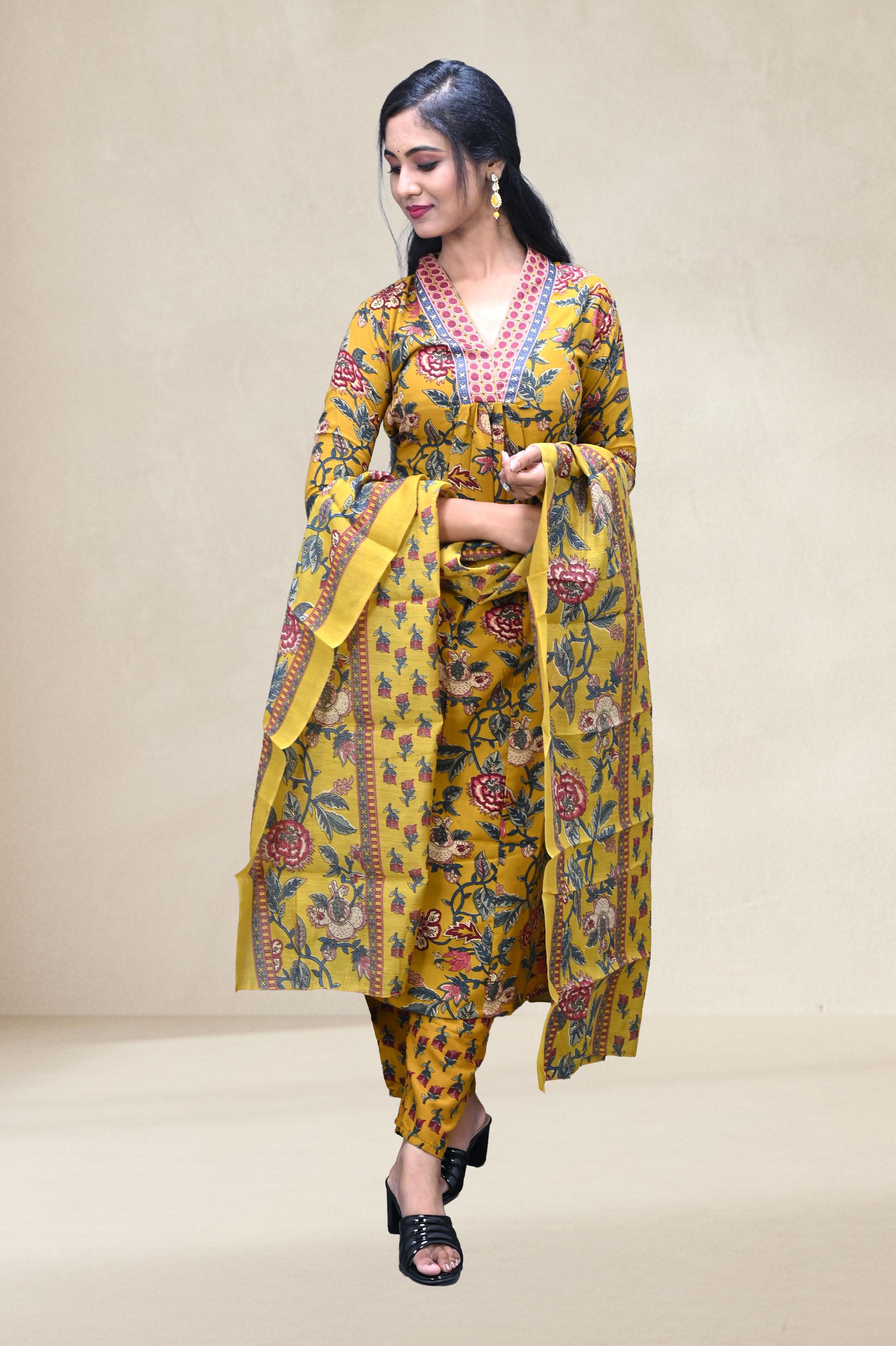 Mustard Floral Printed Suit Set