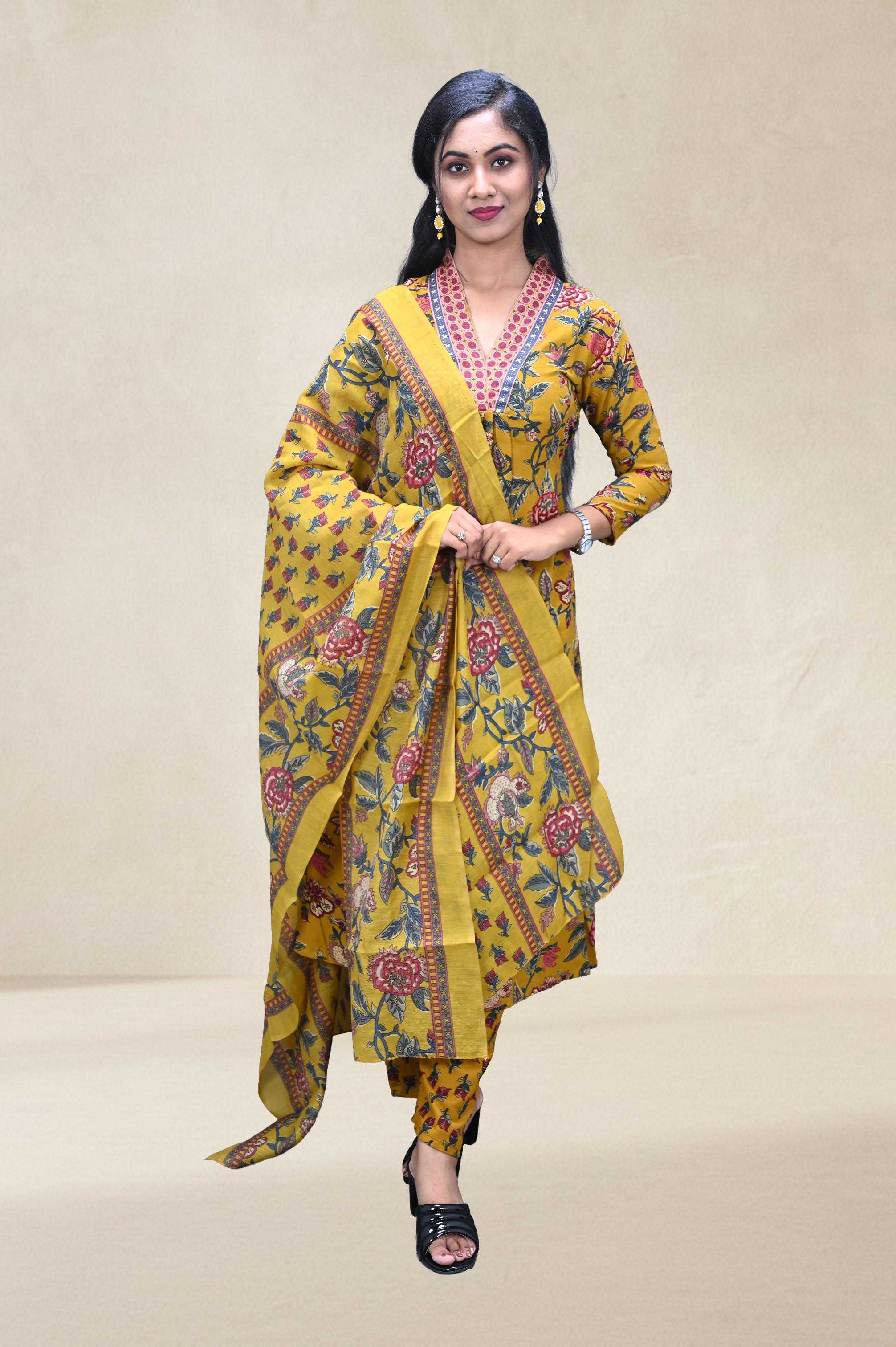 Mustard Floral Printed Suit Set