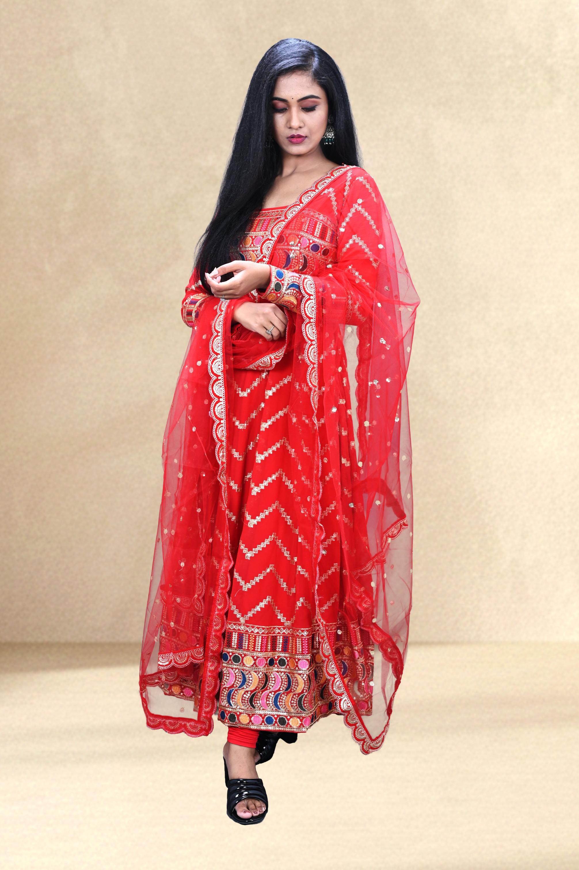 Red Mirror-Work Festive Anarkali Set