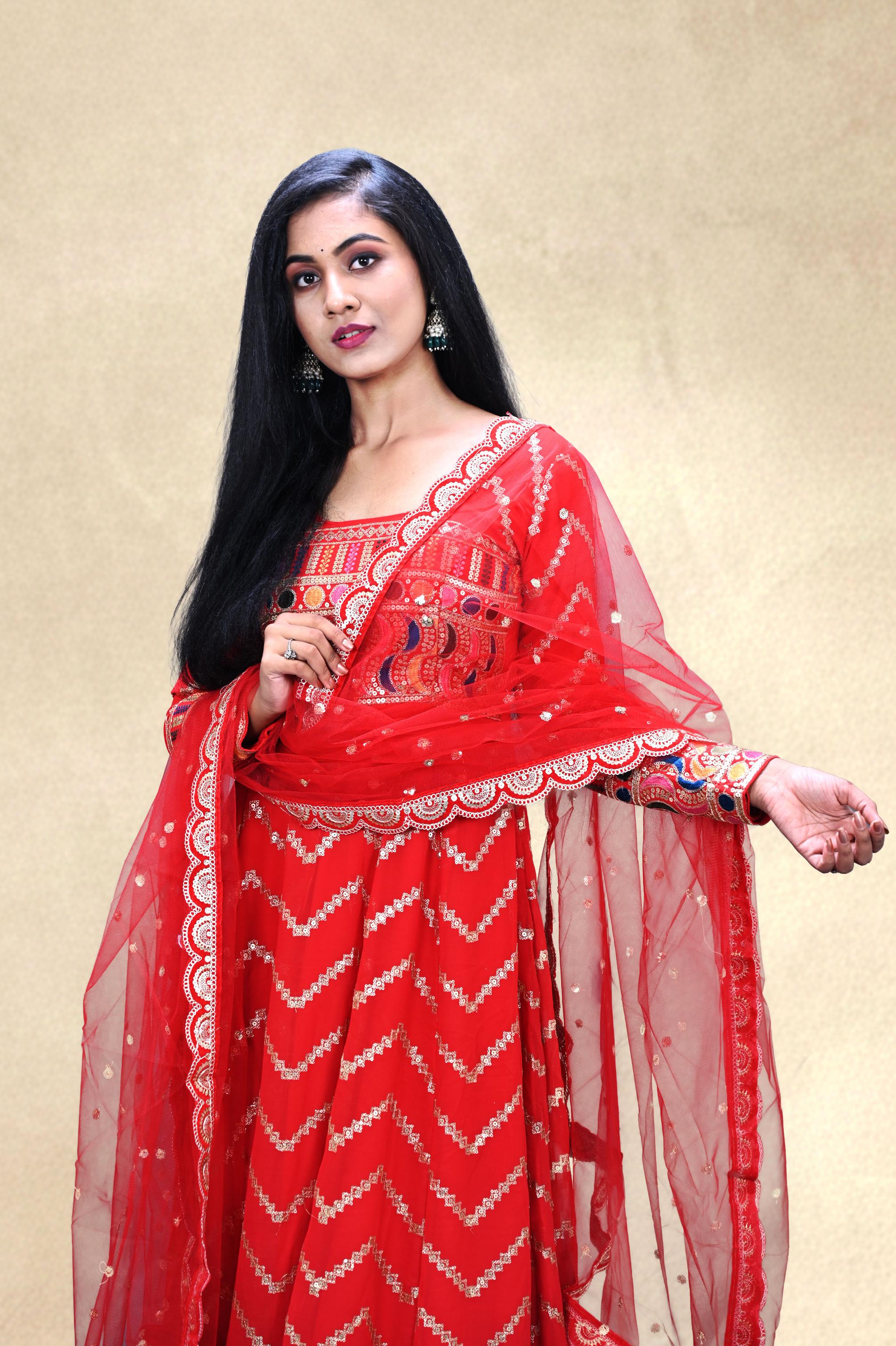 Red Mirror-Work Festive Anarkali Set