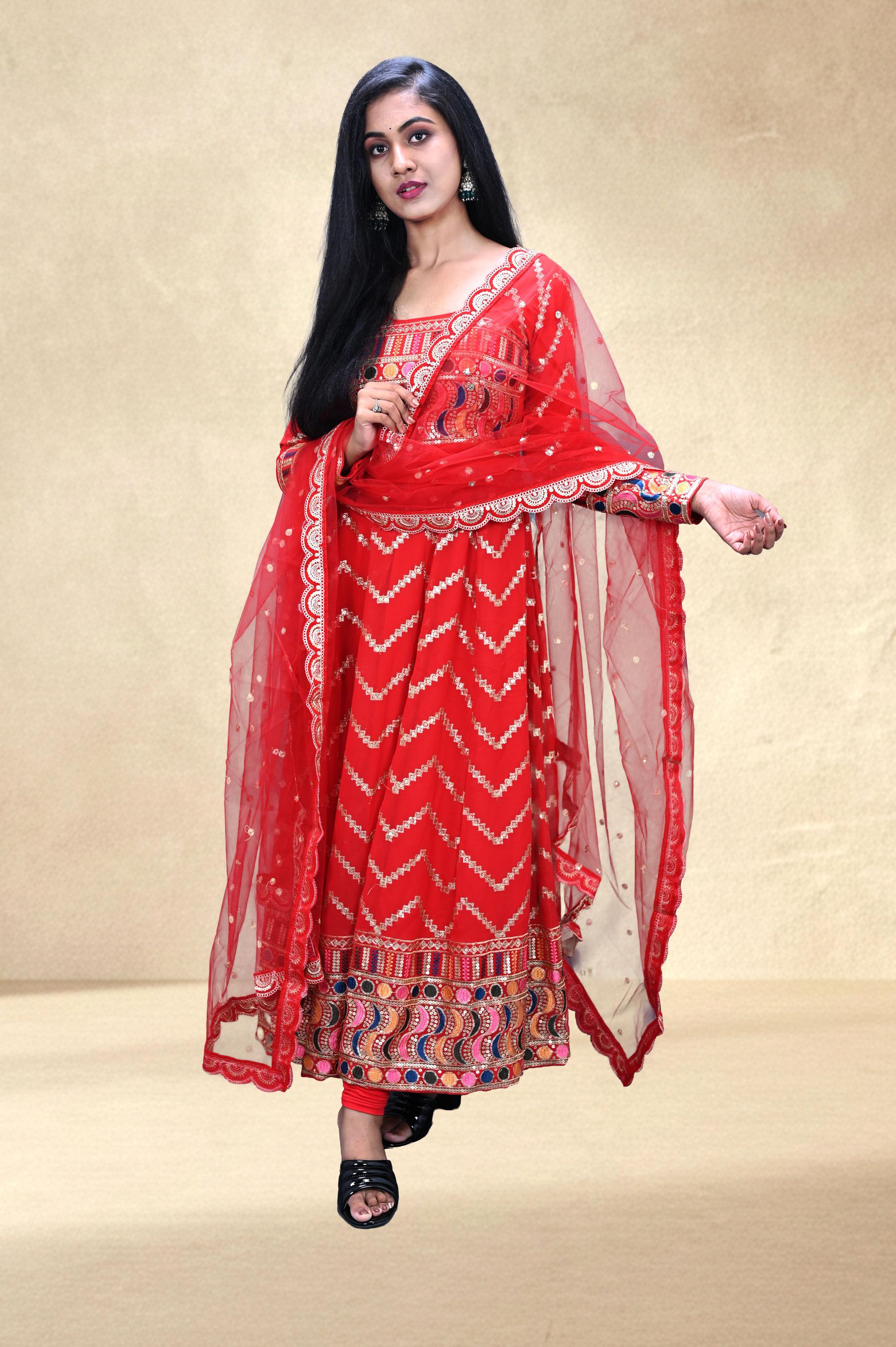Red Mirror-Work Festive Anarkali Set