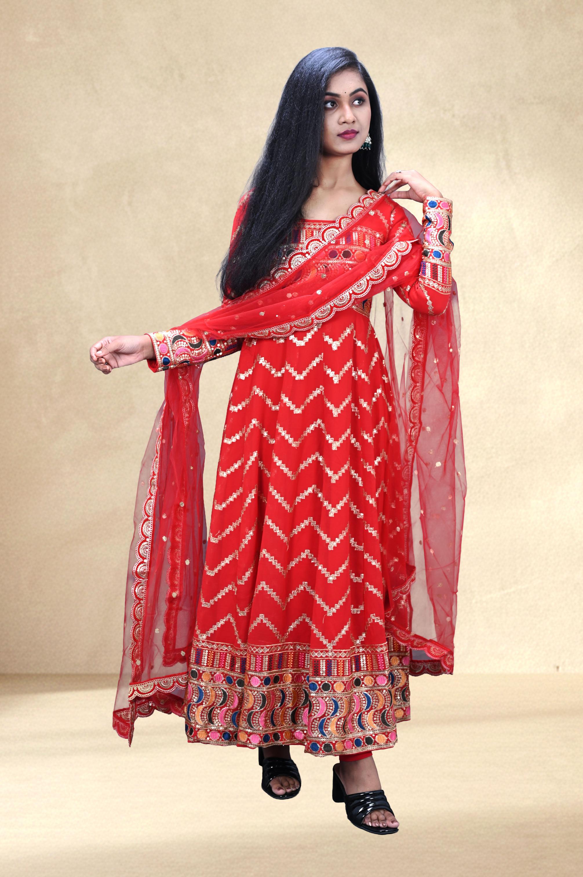 Red Mirror-Work Festive Anarkali Set