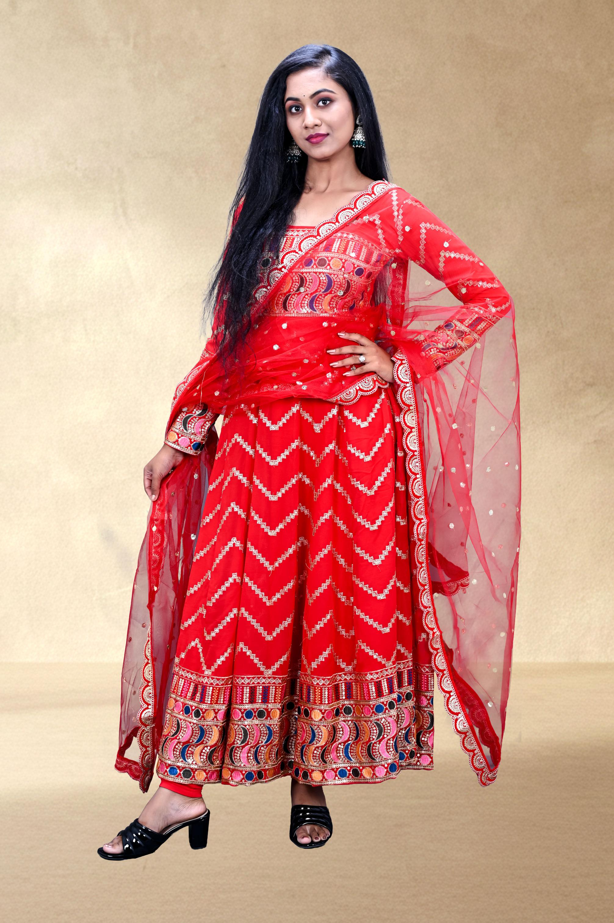 Red Mirror-Work Festive Anarkali Set