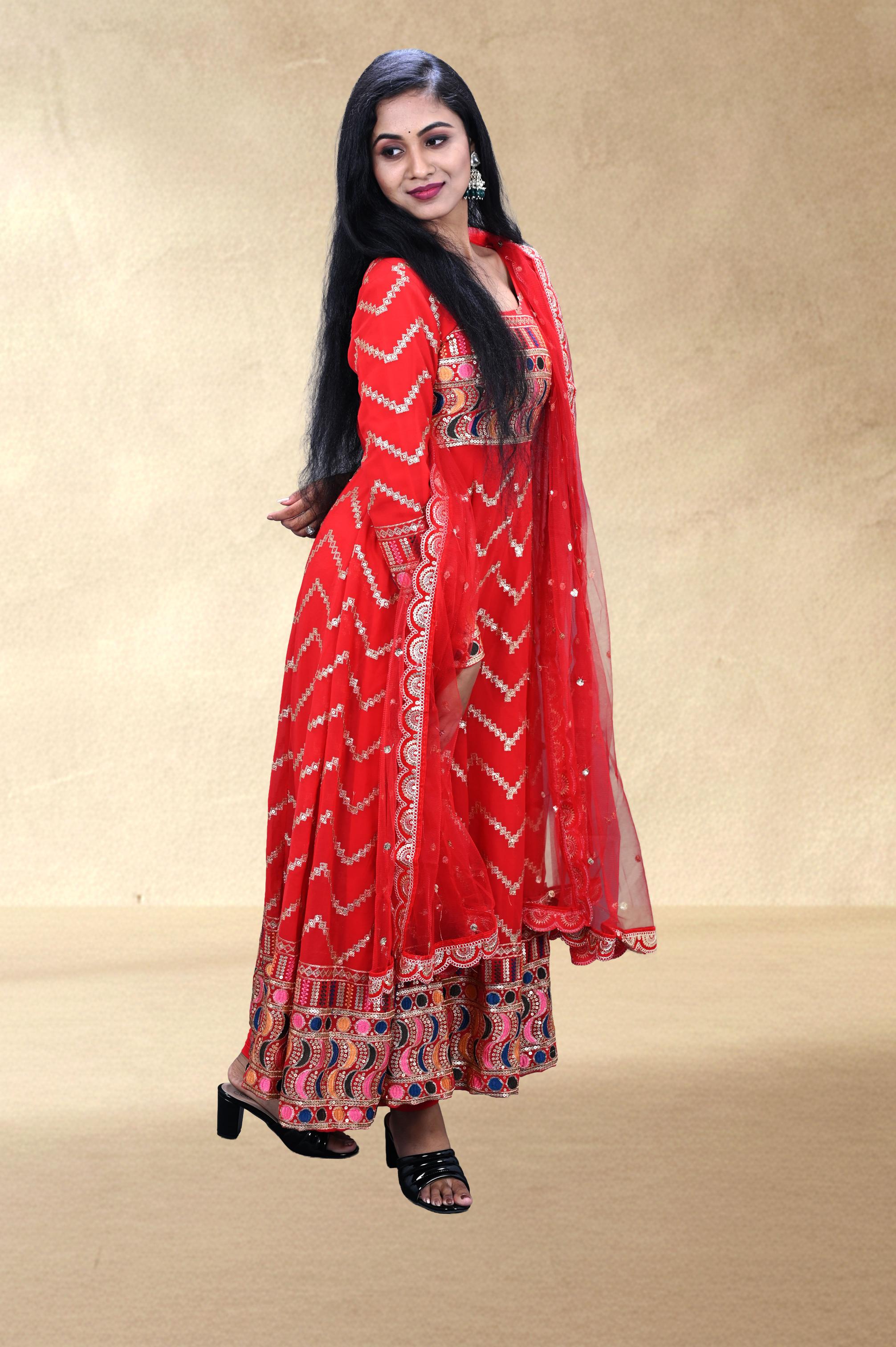 Red Mirror-Work Festive Anarkali Set