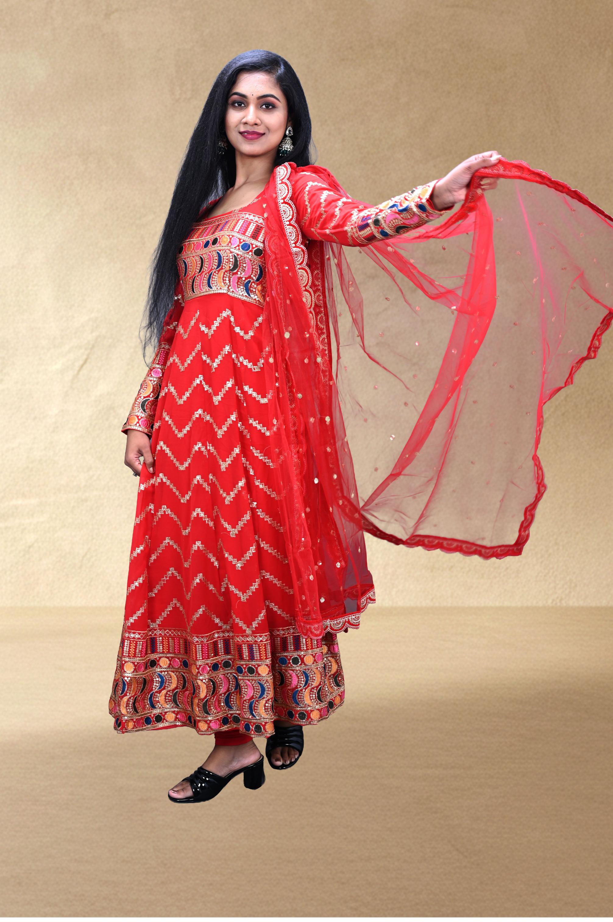 Red Mirror-Work Festive Anarkali Set