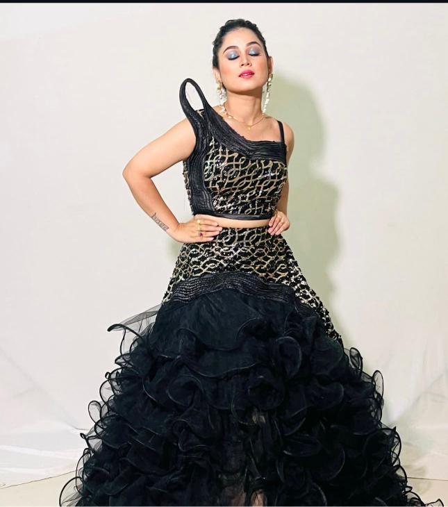 Black Sequin Ruffle Lehenga Set