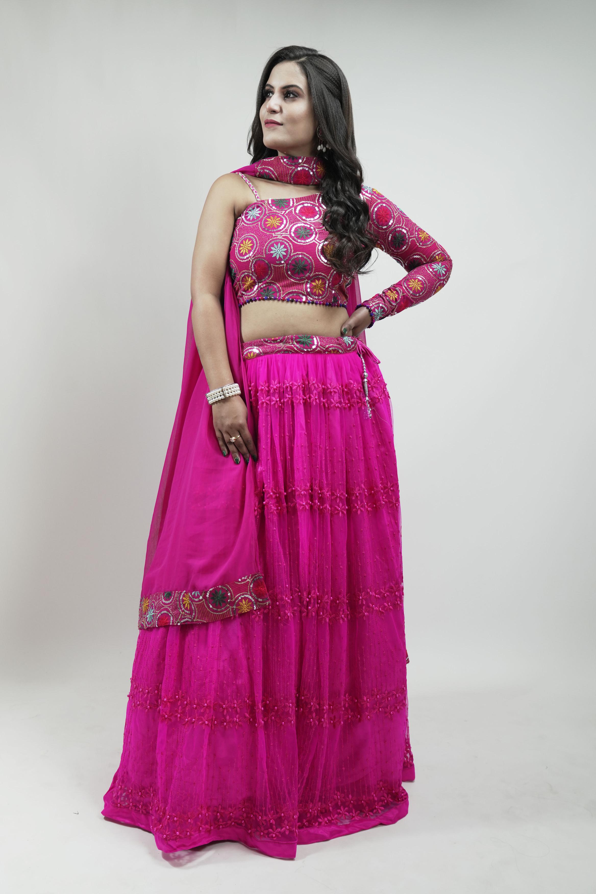 Pink Floral Embroidered sequinned Lahenga set