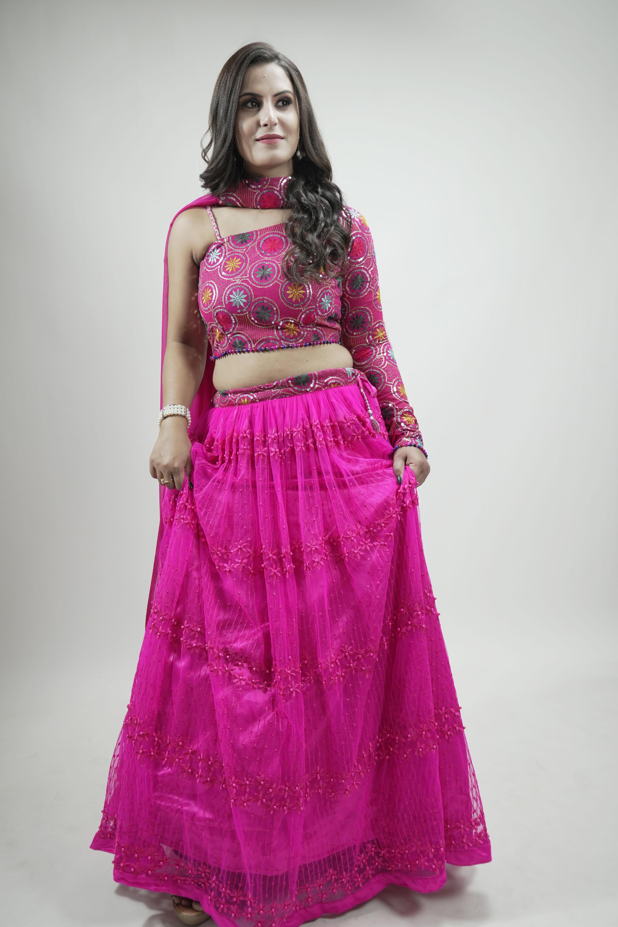 Pink Floral Embroidered sequinned Lahenga set