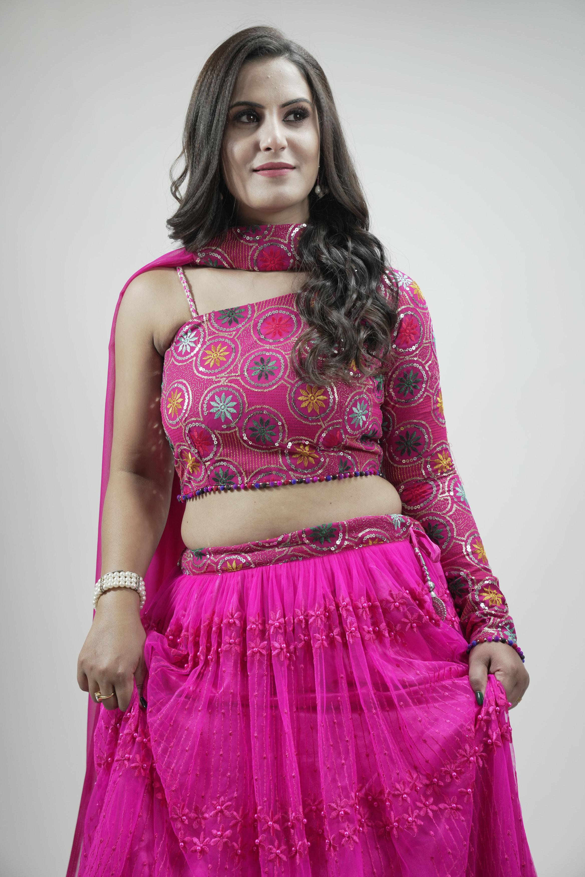 Pink Floral Embroidered sequinned Lahenga set