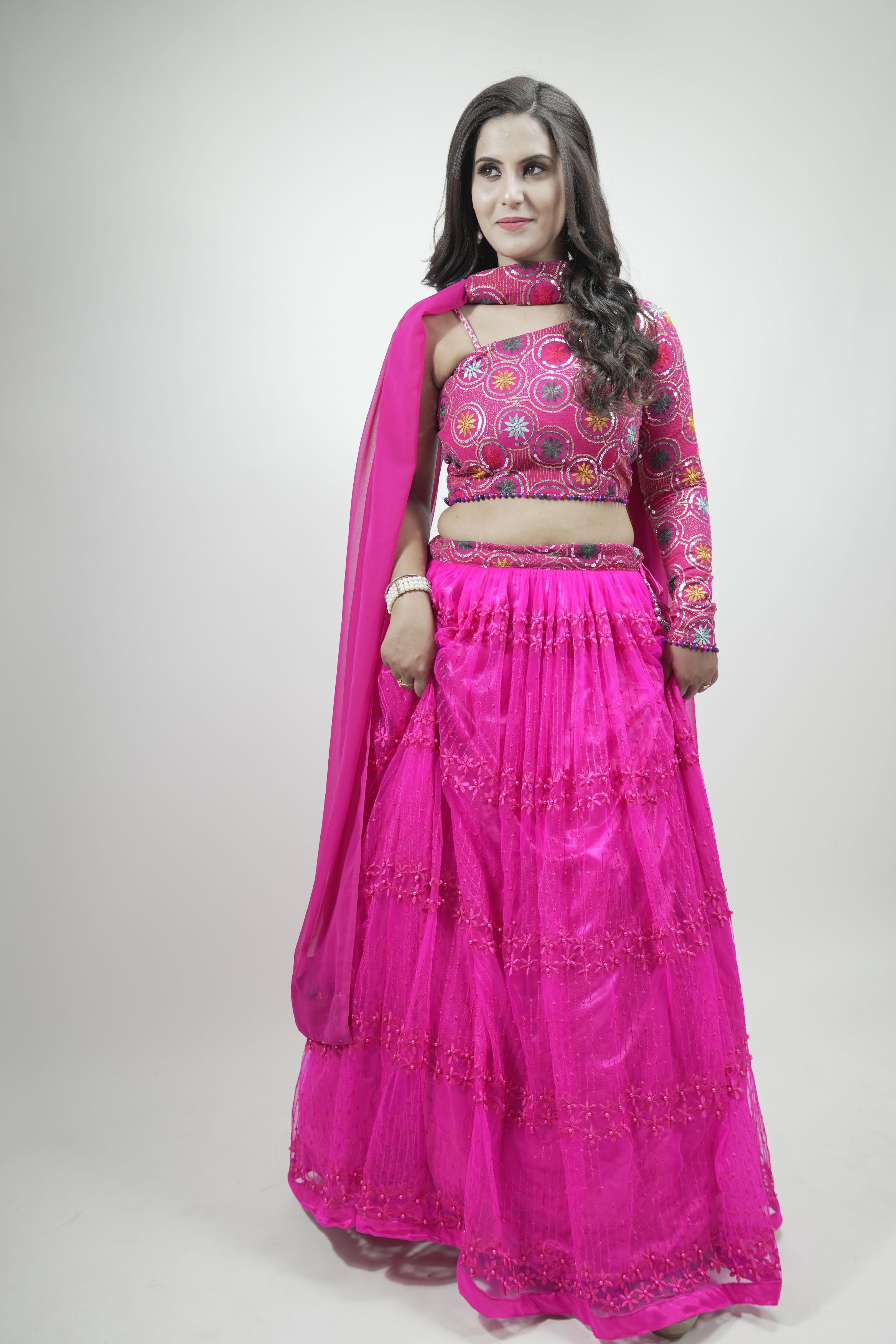Pink Floral Embroidered sequinned Lahenga set