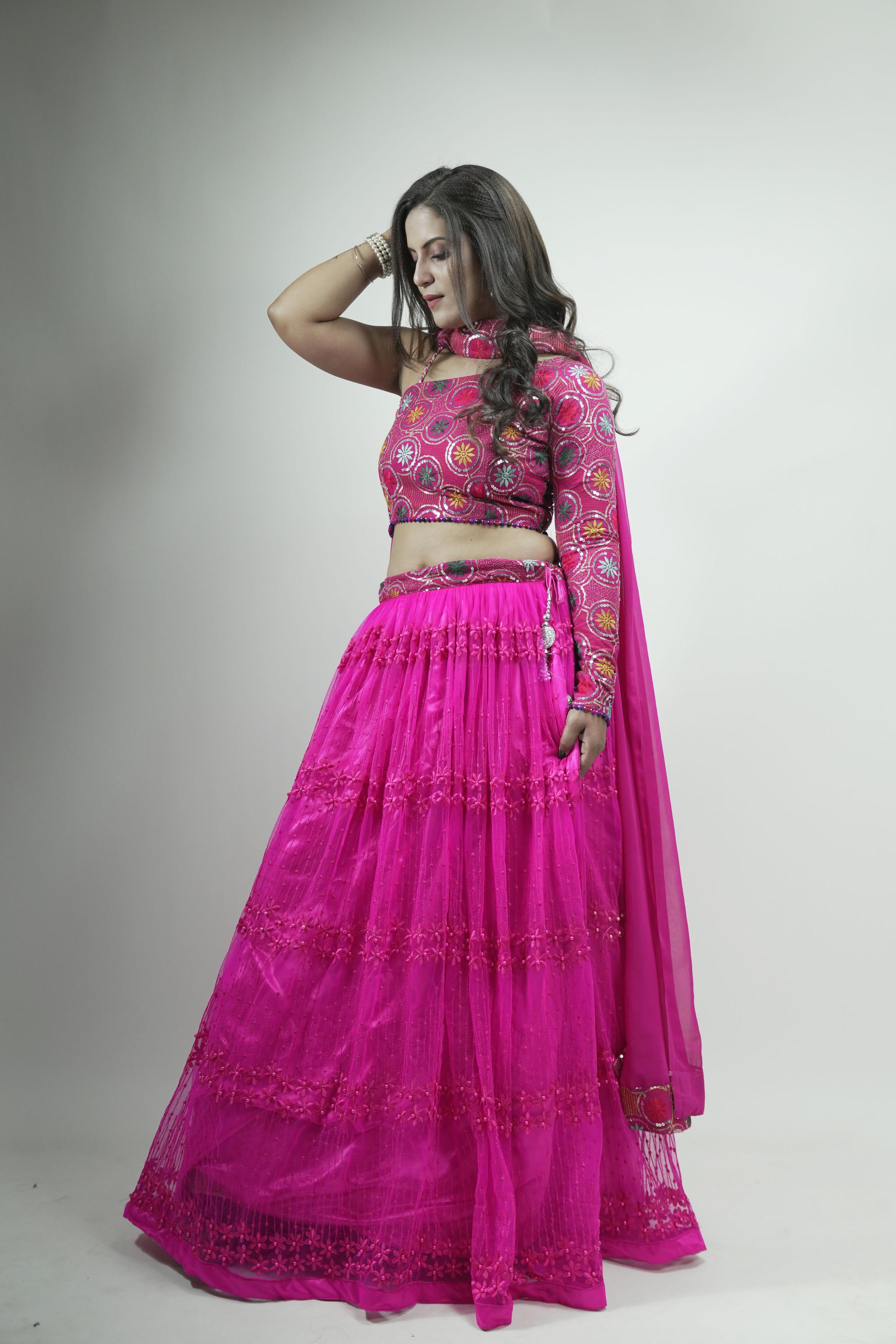 Pink Floral Embroidered sequinned Lahenga set