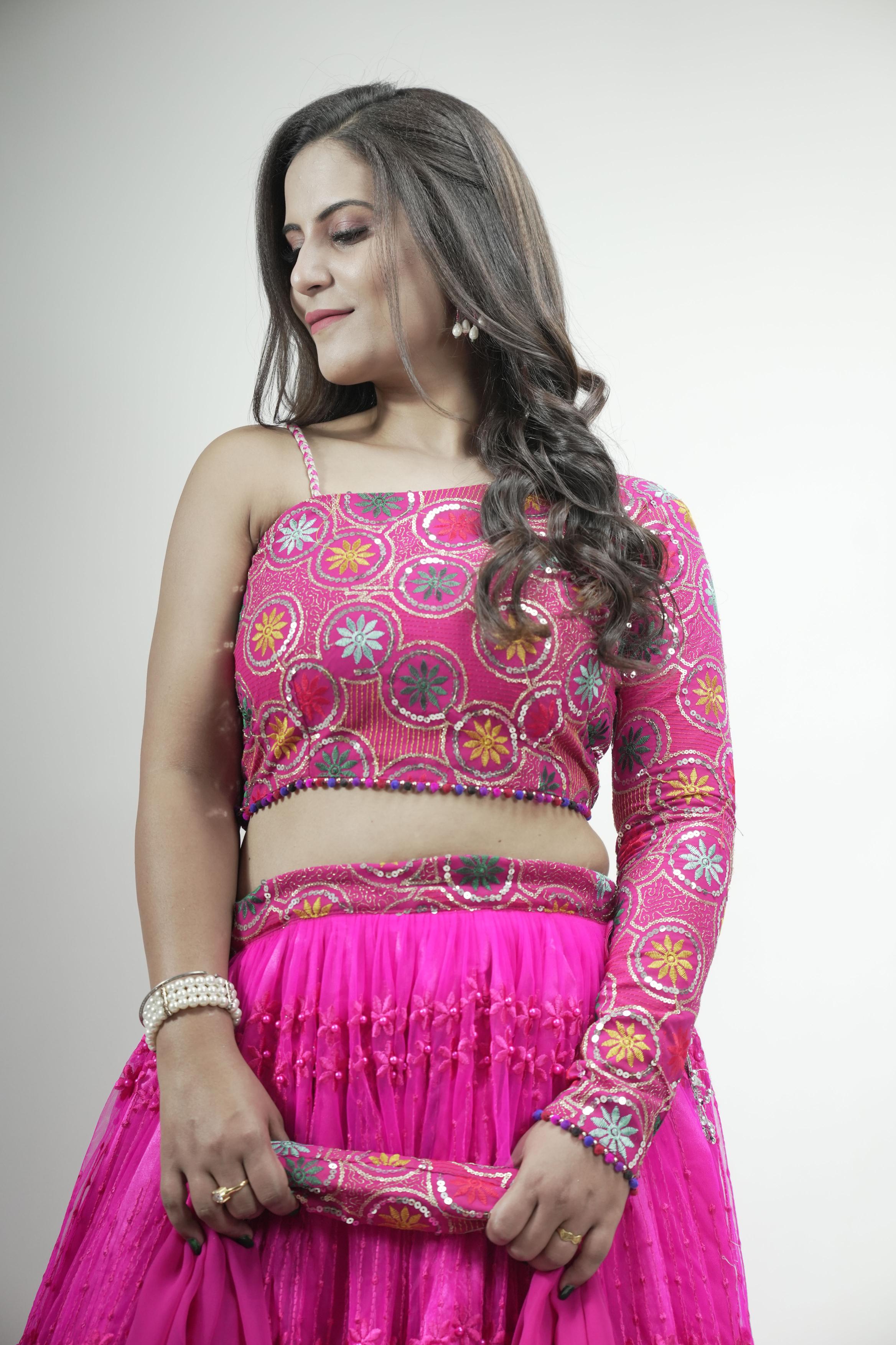 Pink Floral Embroidered sequinned Lahenga set
