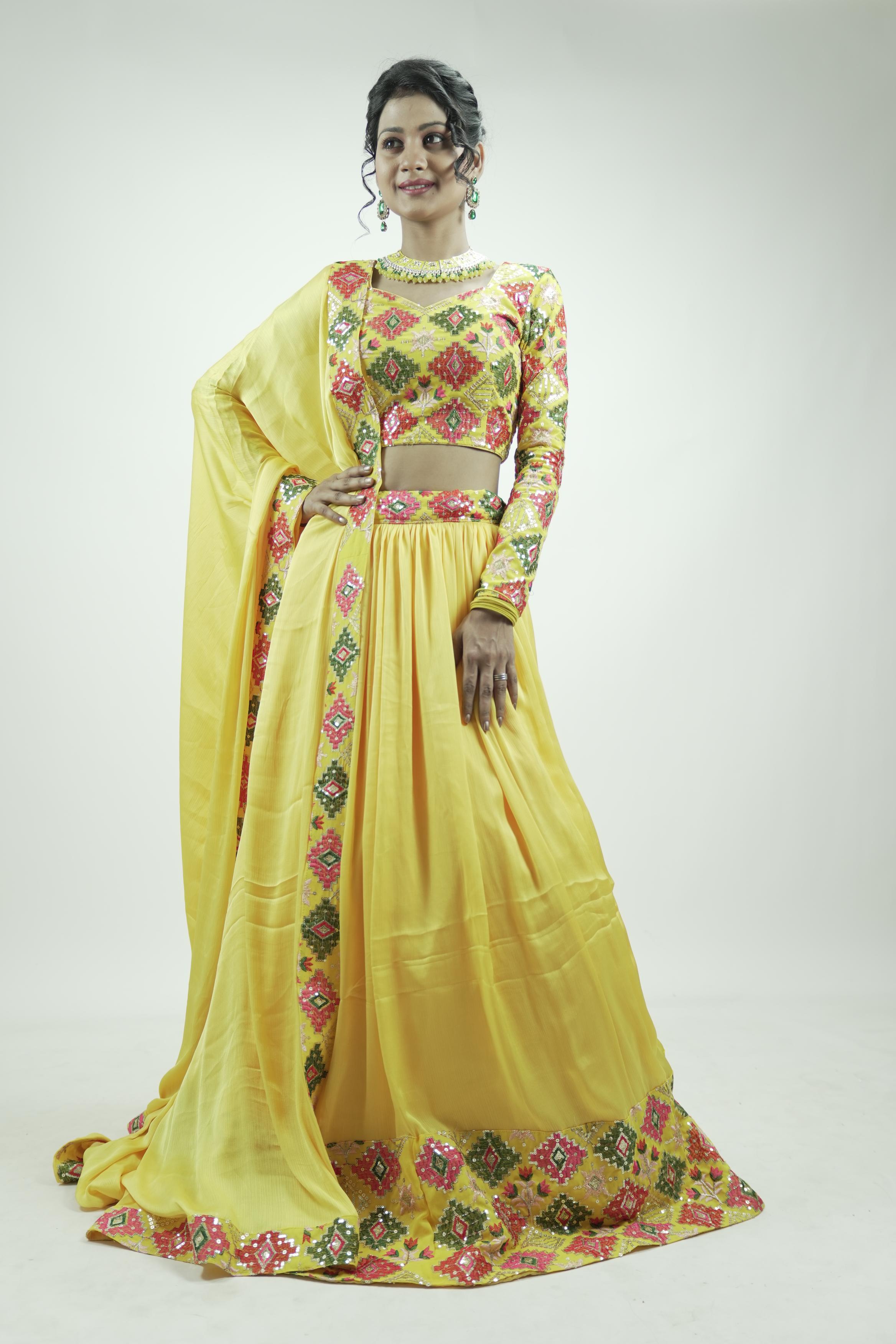 Yellow embroidery sequinned Lahenga set