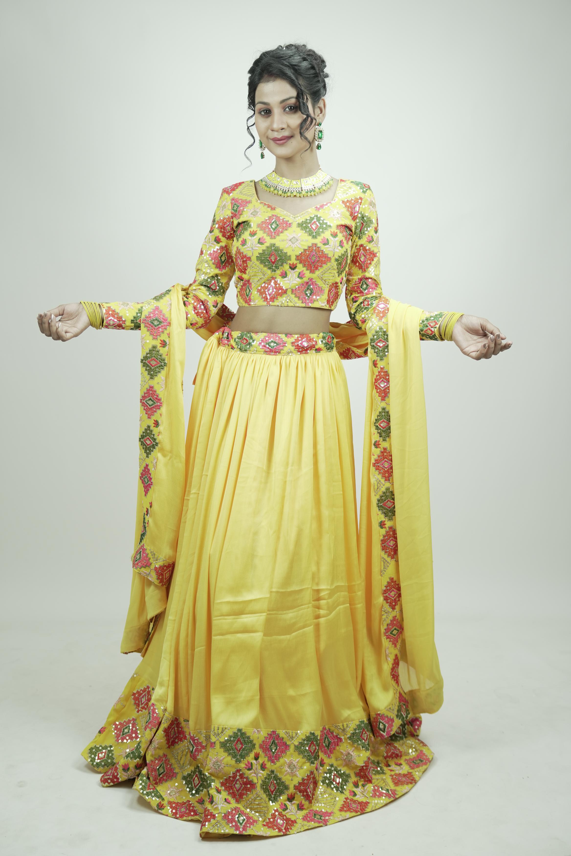 Yellow embroidery sequinned Lahenga set