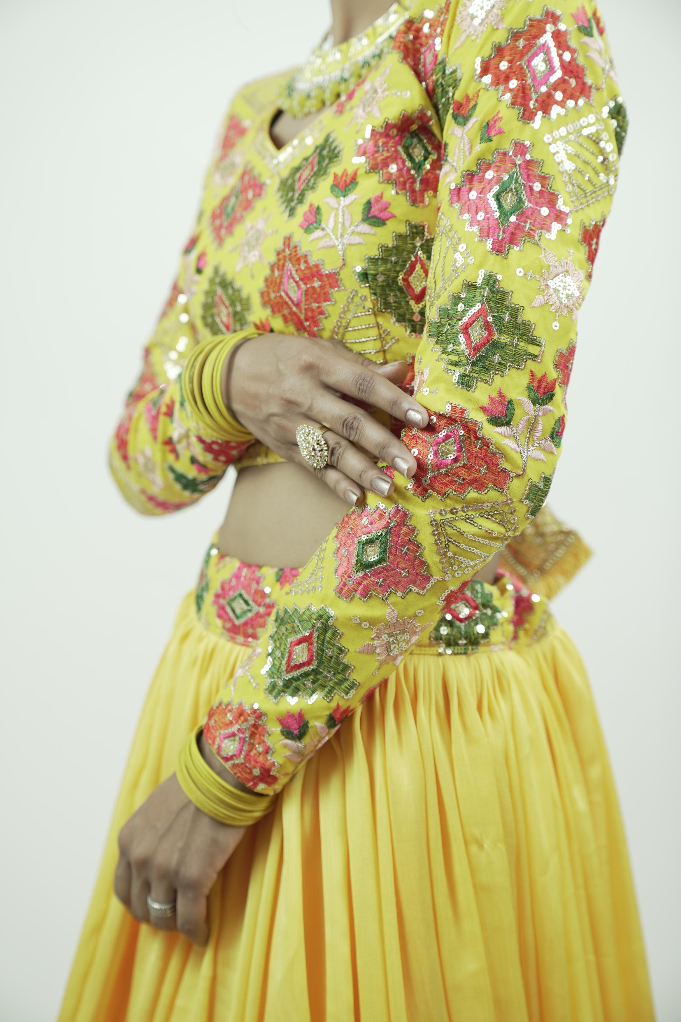 Yellow embroidery sequinned Lahenga set