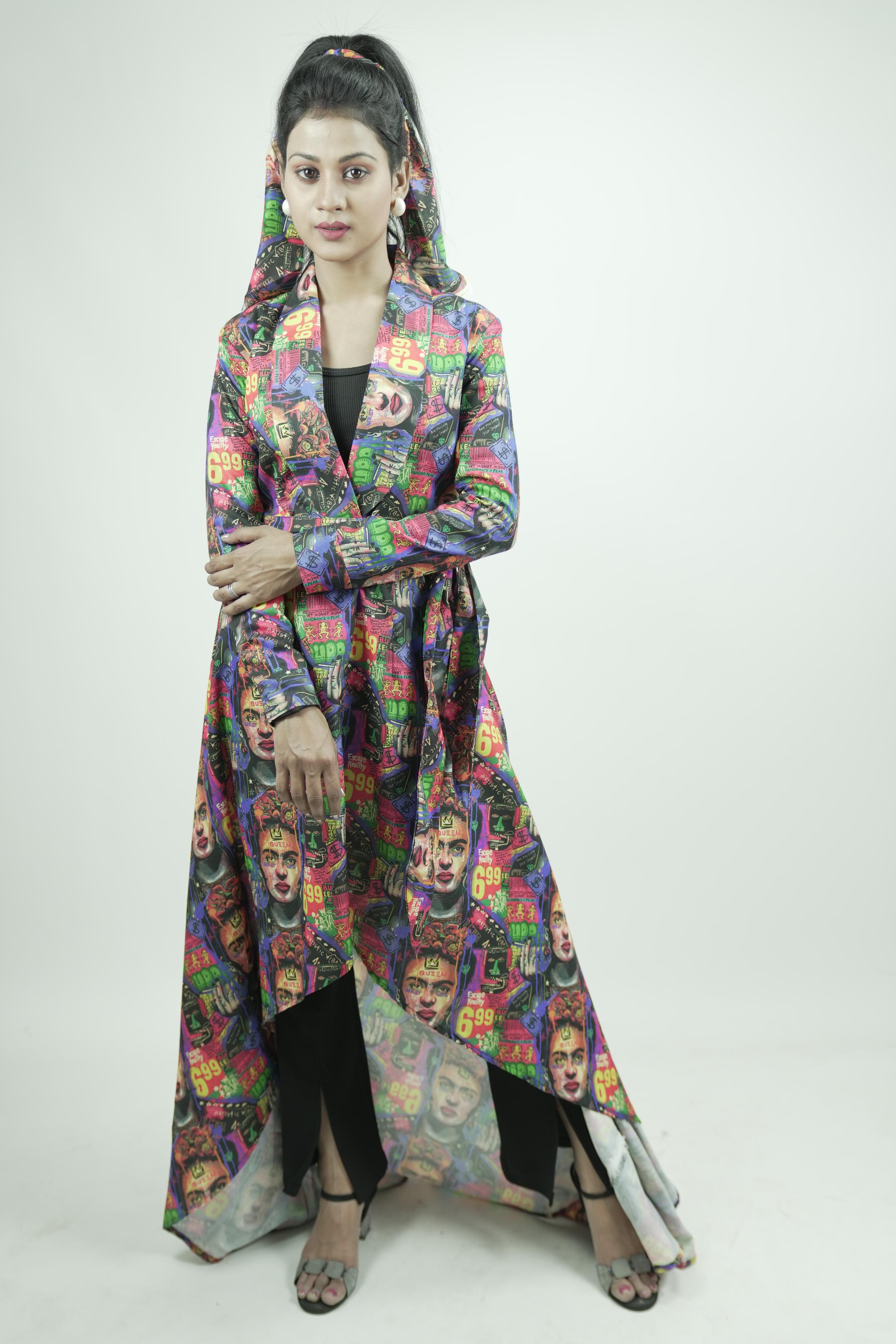 Pop Art Long Coat Dress with Headwrap