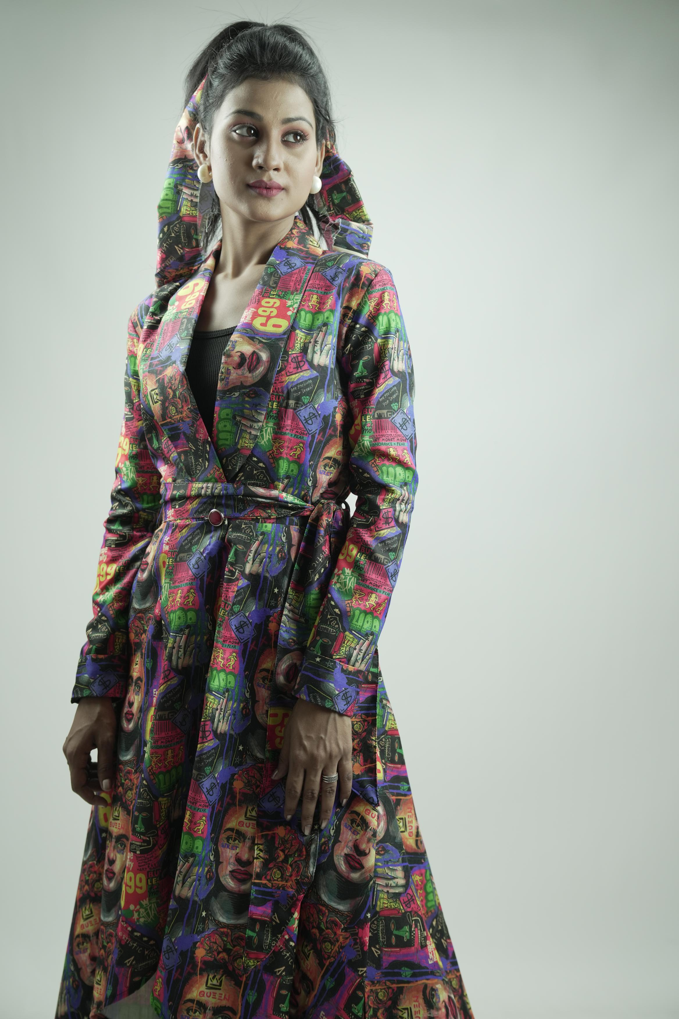Pop Art Long Coat Dress with Headwrap