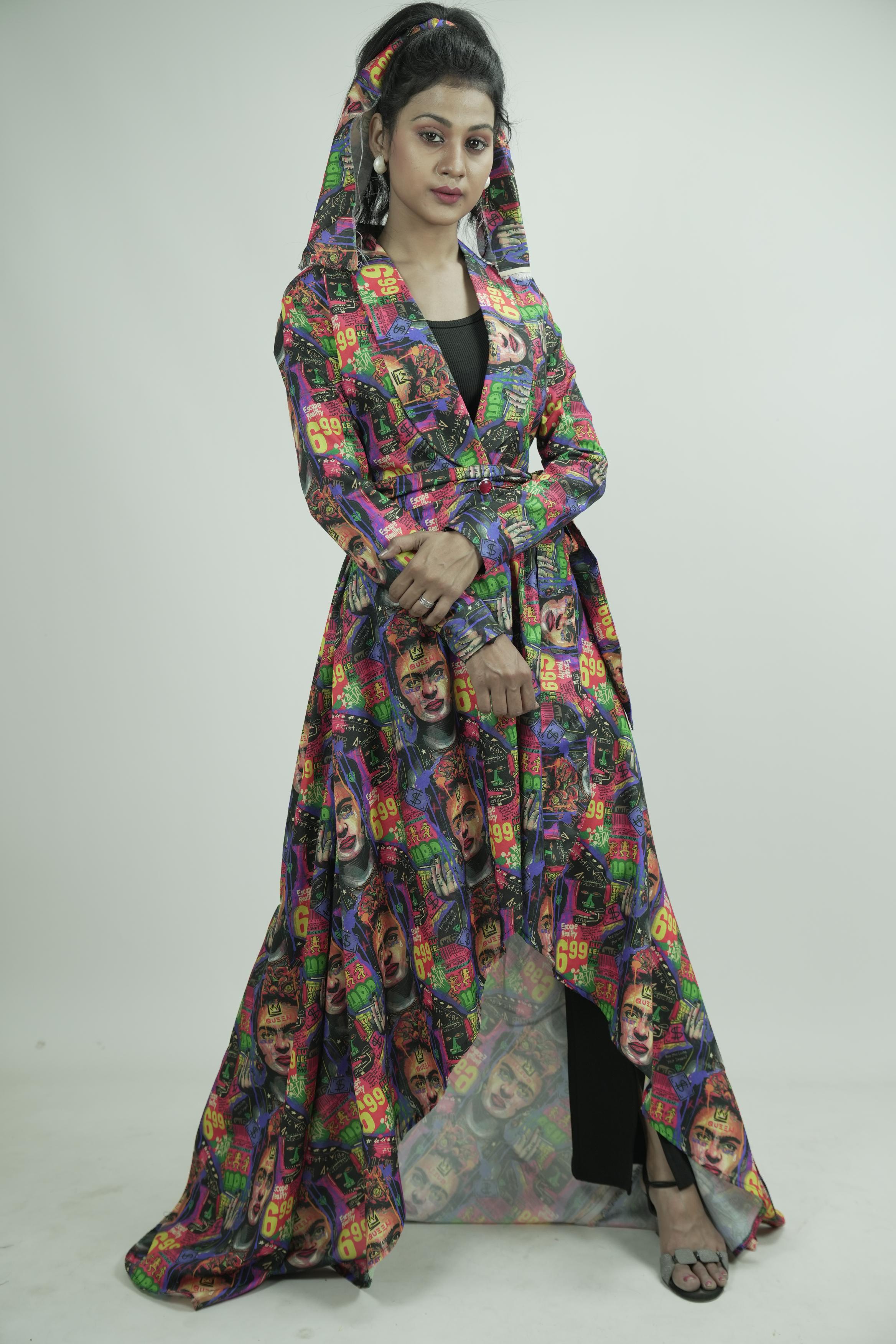 Pop Art Long Coat Dress with Headwrap