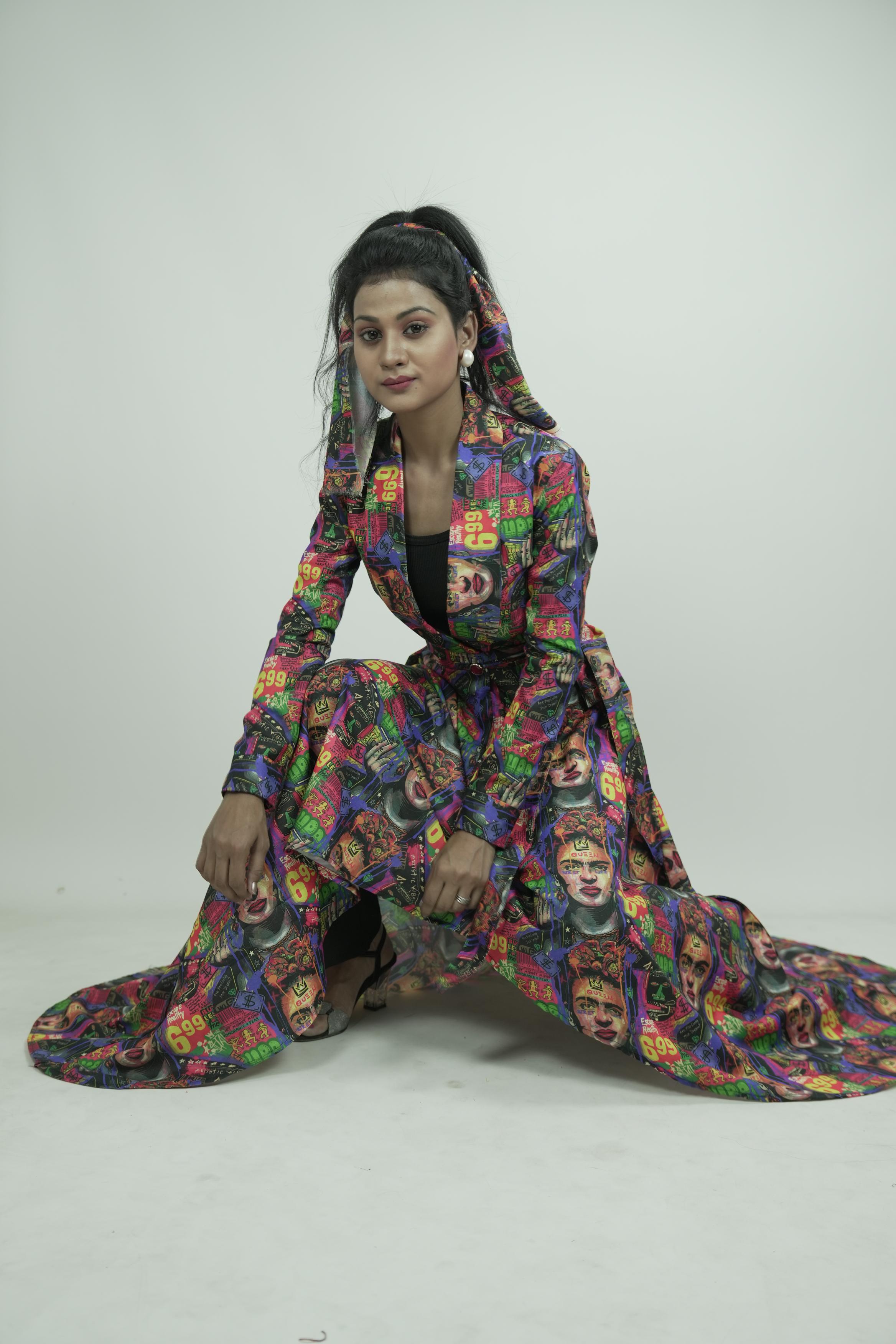 Pop Art Long Coat Dress with Headwrap