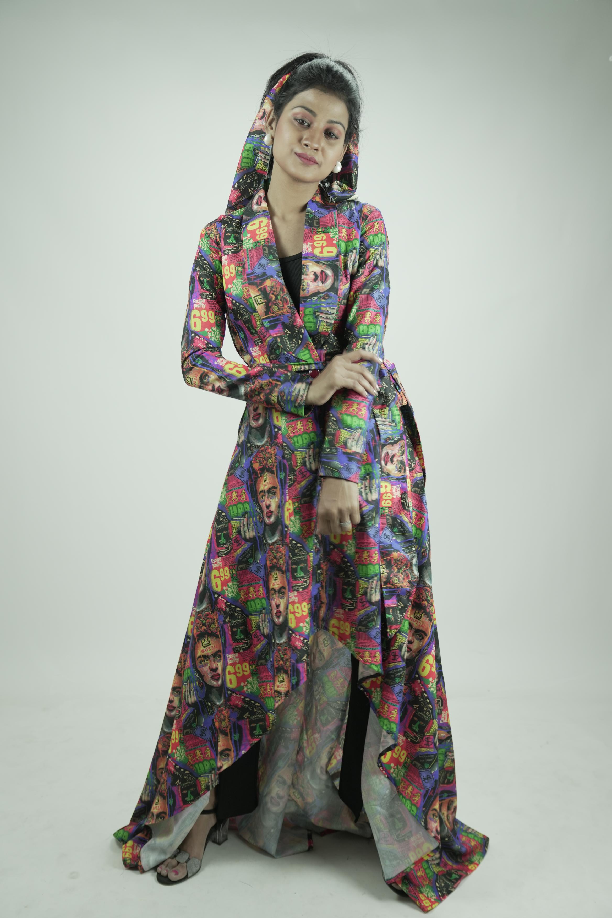 Pop Art Long Coat Dress with Headwrap