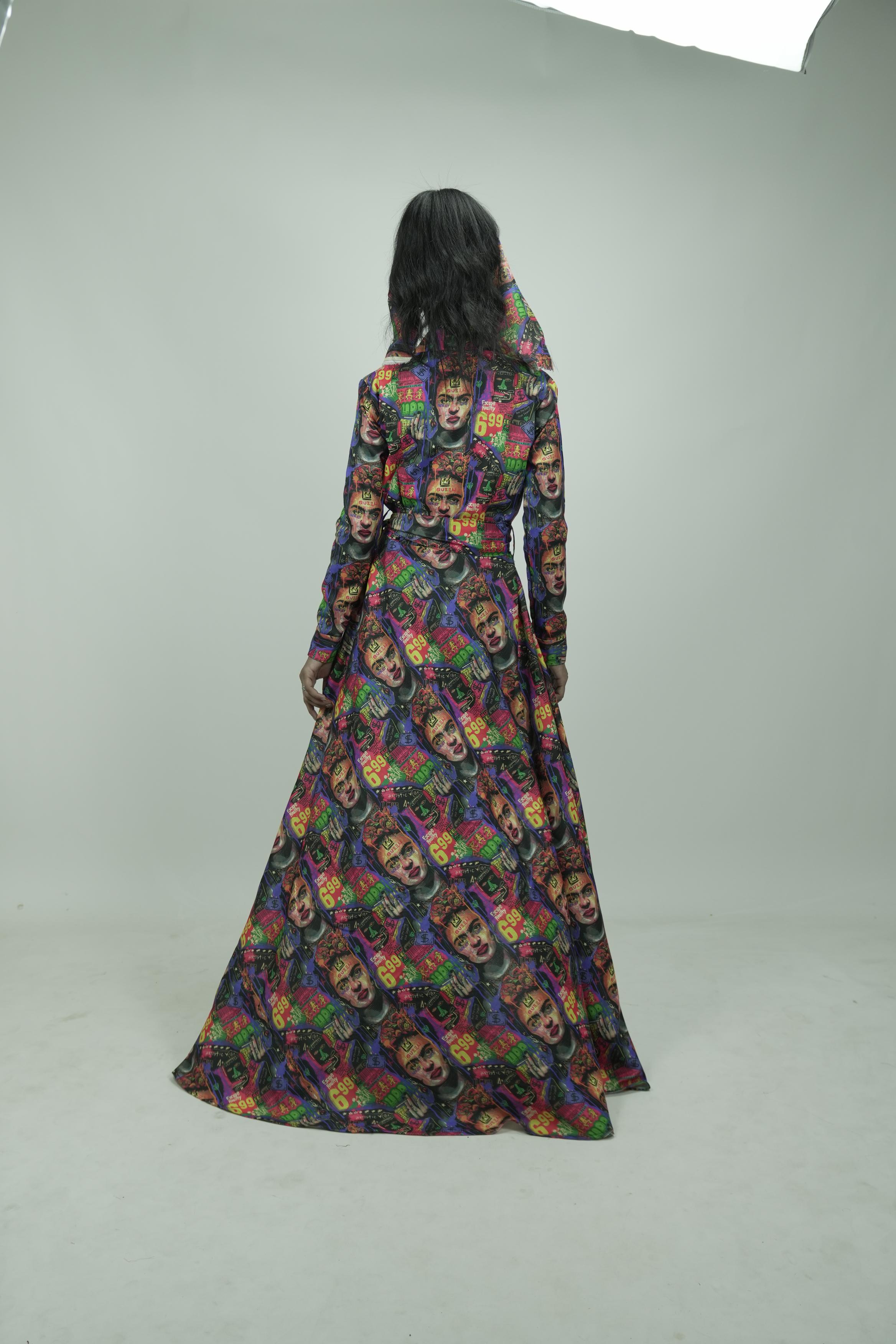 Pop Art Long Coat Dress with Headwrap