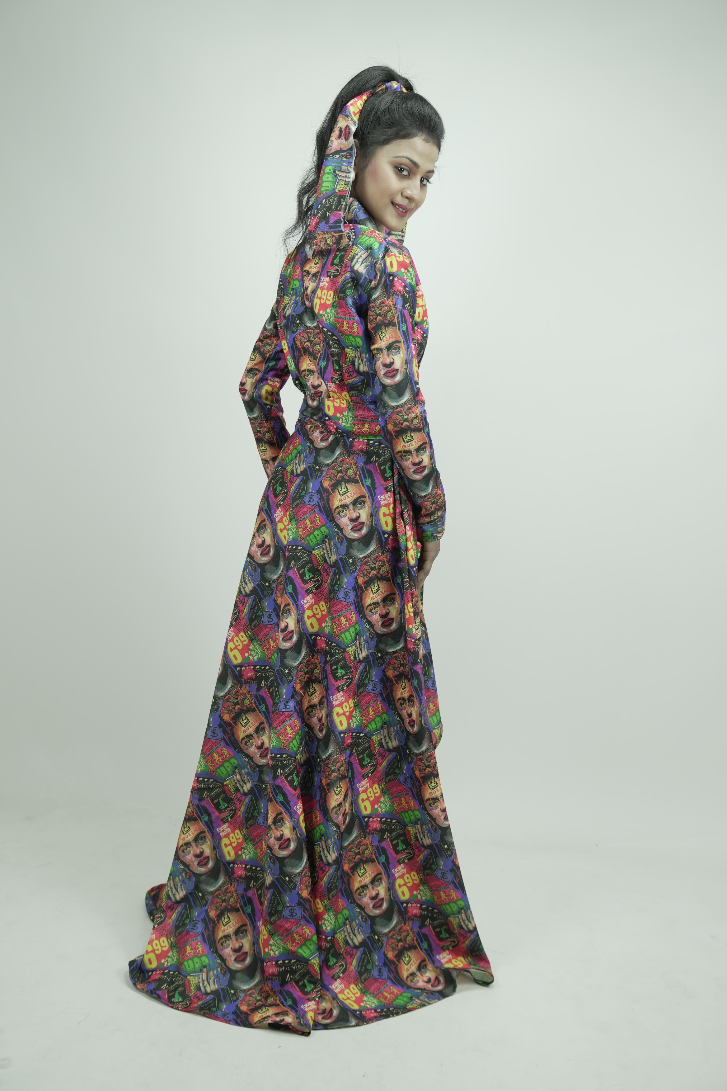 Pop Art Long Coat Dress with Headwrap
