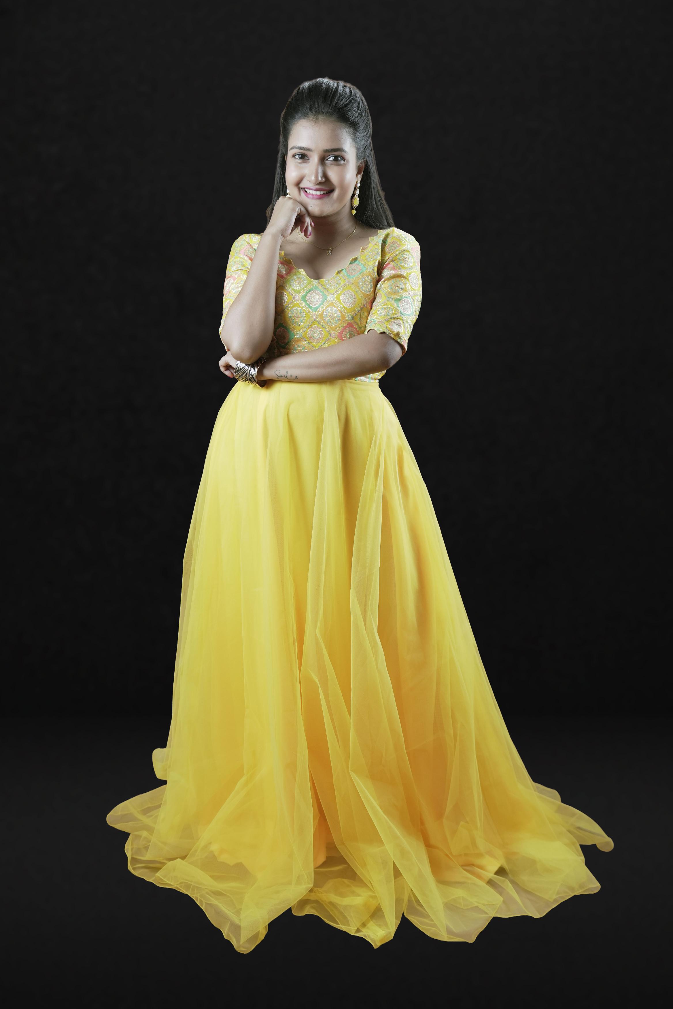 Sunshine Glam Embroidered Blouse & Yellow Net Gown