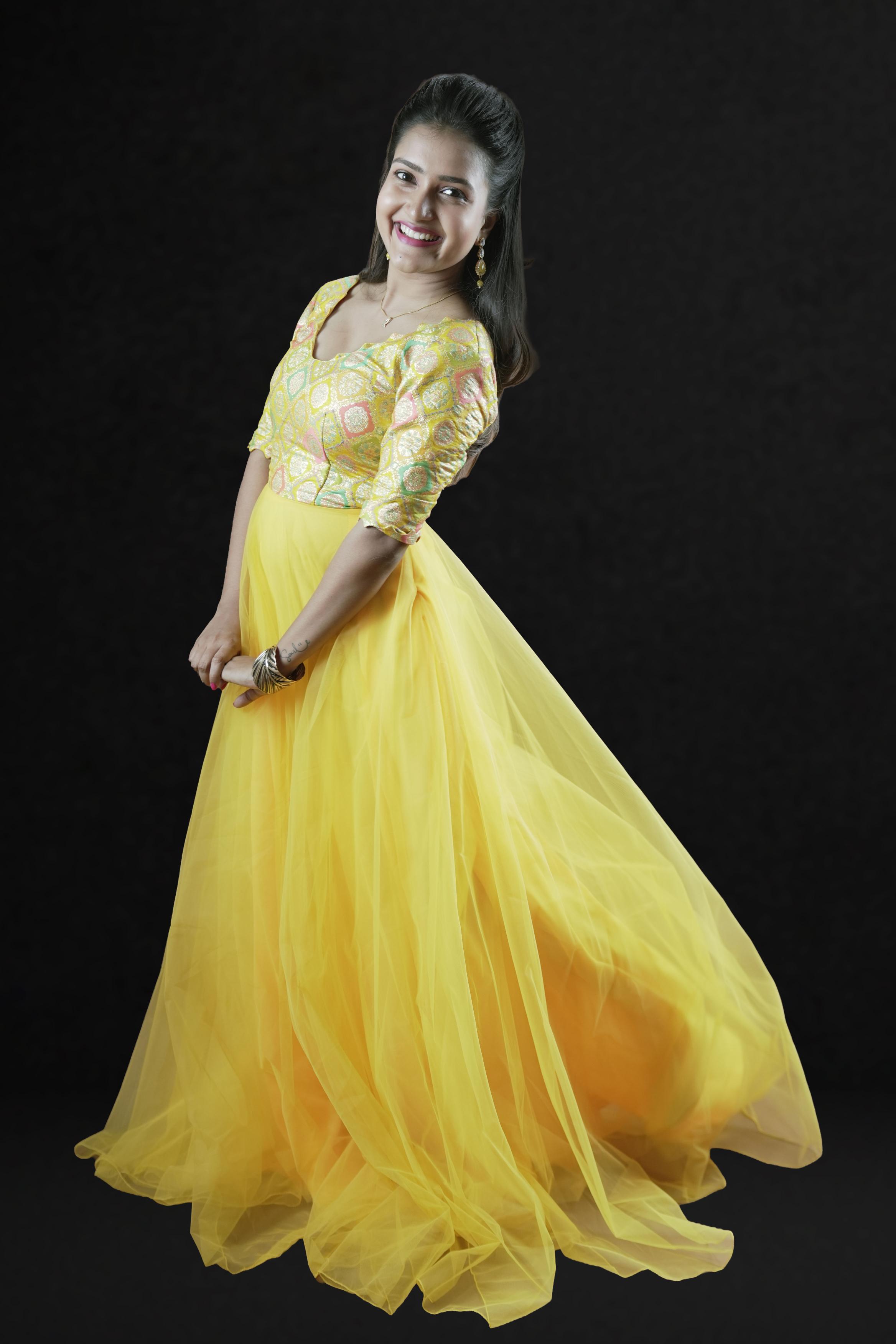 Sunshine Glam Embroidered Blouse & Yellow Net Gown
