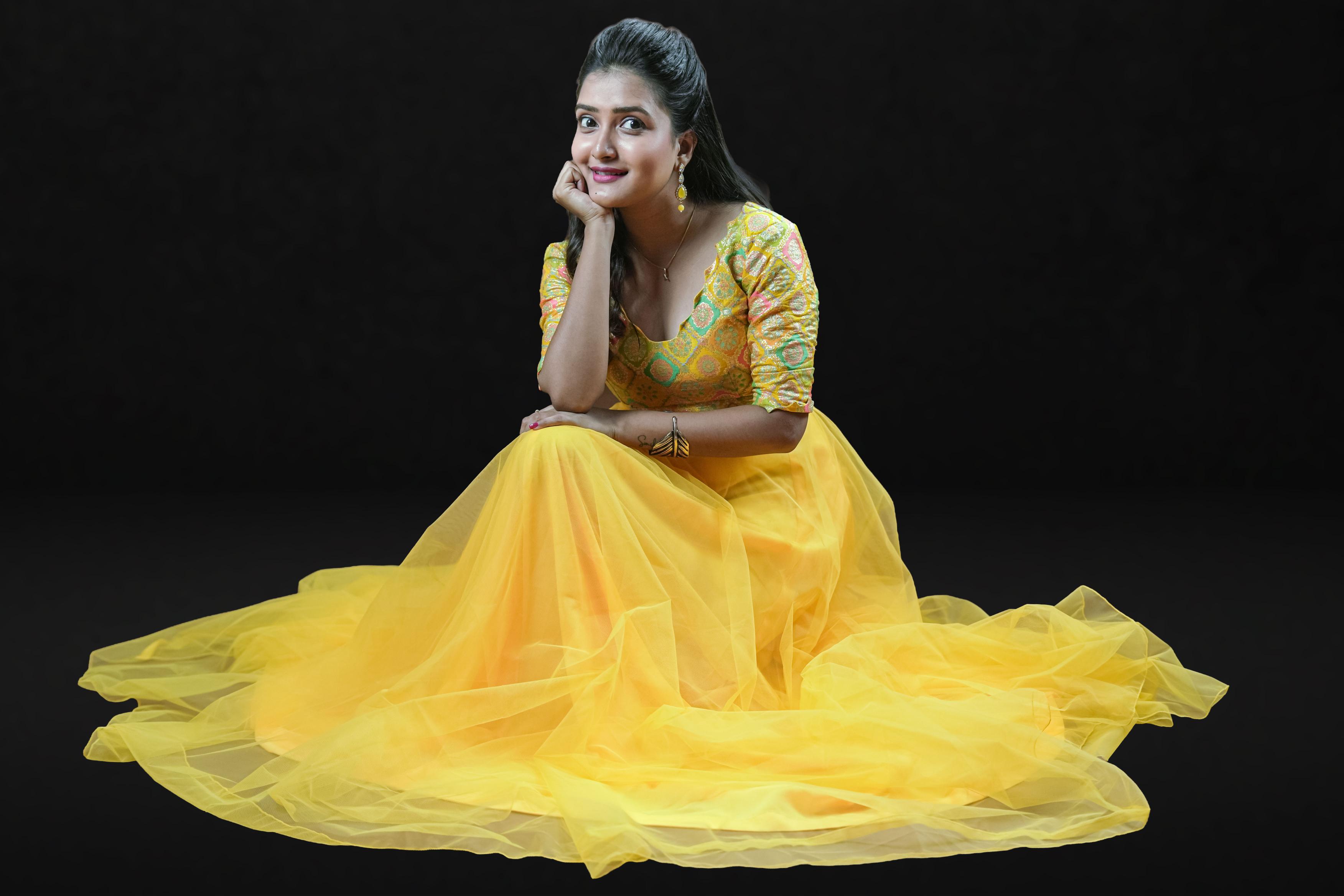 Sunshine Glam Embroidered Blouse & Yellow Net Gown