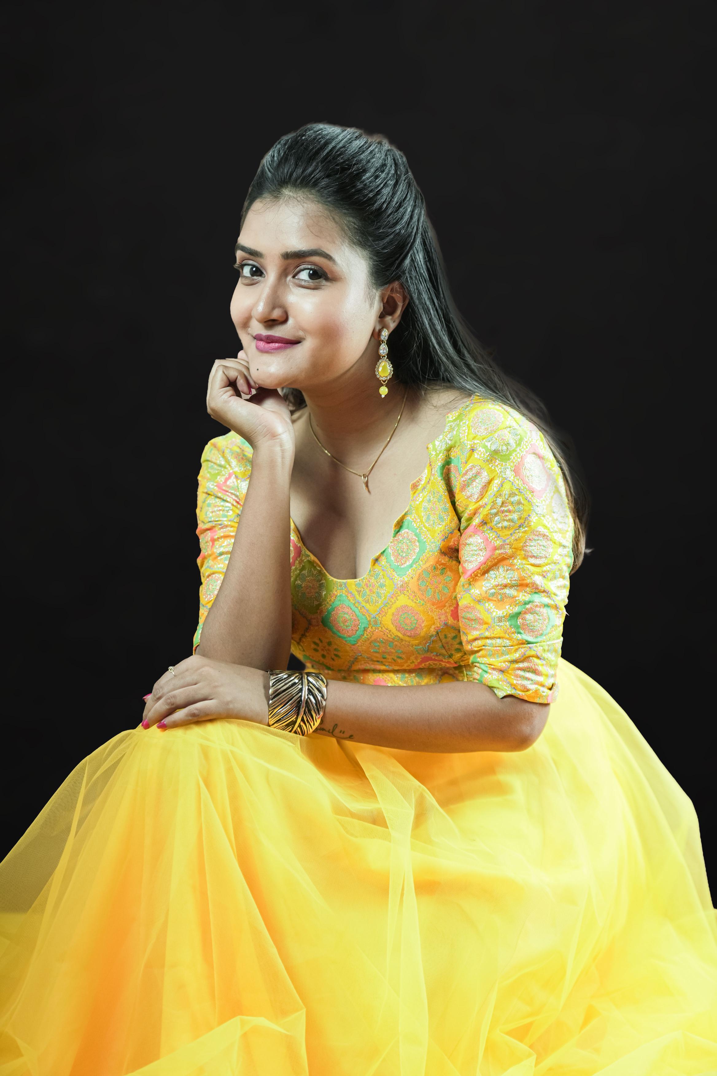 Sunshine Glam Embroidered Blouse & Yellow Net Gown